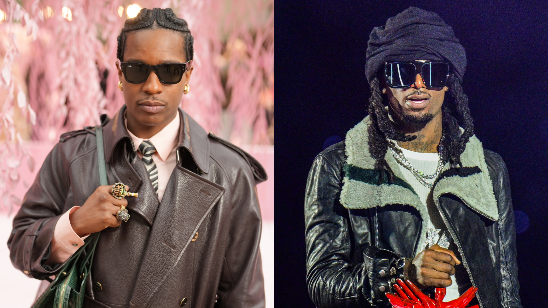 Split image. Left: ASAP Rocky wears a leather coat. Right: Playboi Carti wears a fur-lined jacket and head wrap.
