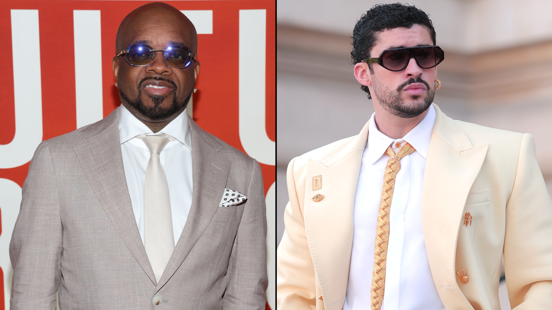 Split image. Left: Jermaine Dupri in a beige suit and sunglasses. Right: Bad Bunny in a cream suit with gold accents and sunglasses.