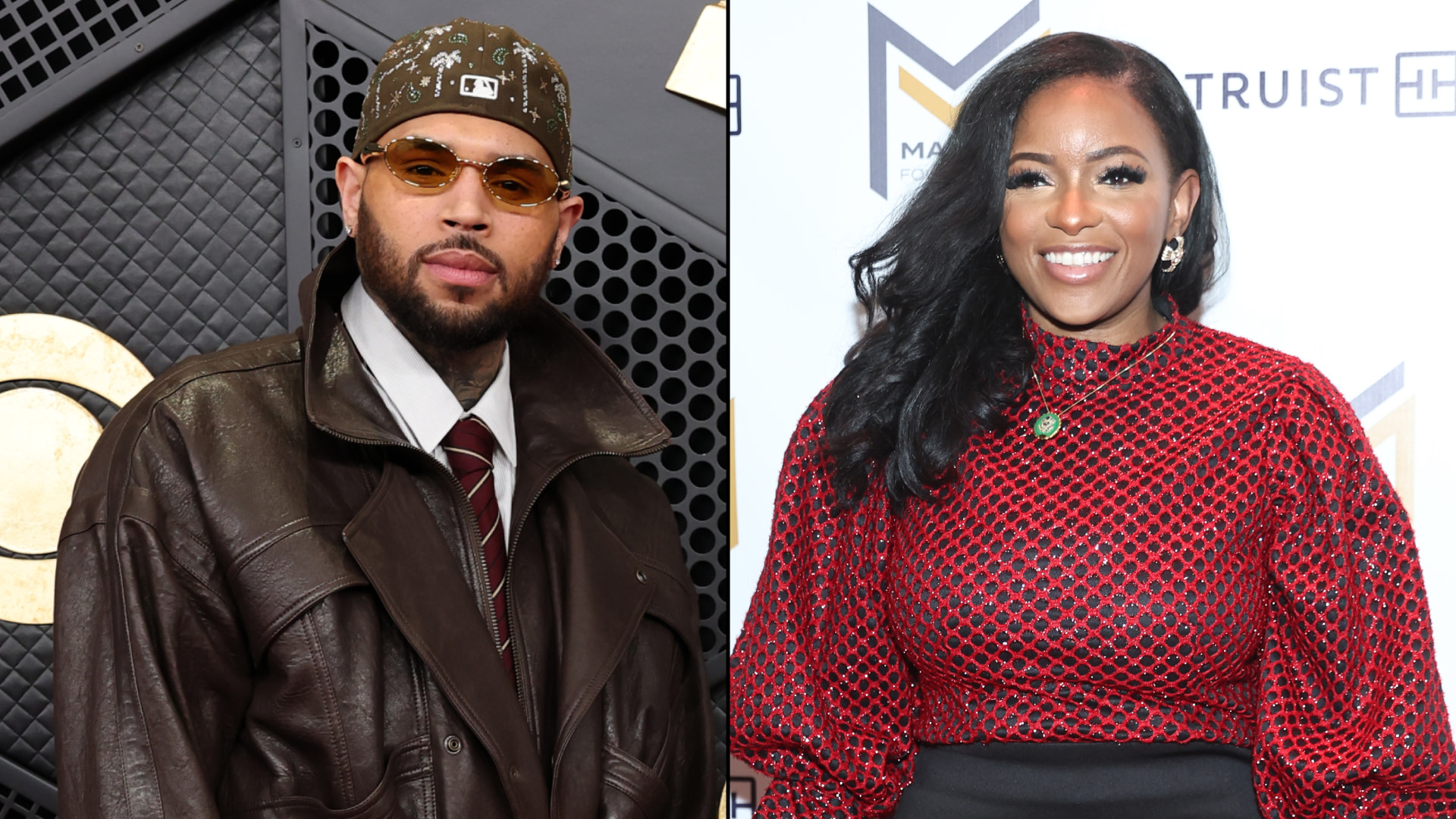 Split image. Left: Chris Brown in a brown leather jacket and cap. Right: Rep. Jasmine Crockett in a red and black patterned top, both smiling at a formal event.