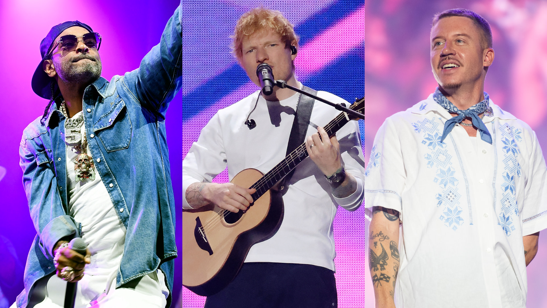 Split image. Left: Jim Jones. Center: Ed Sheeran. Right: Macklemore.