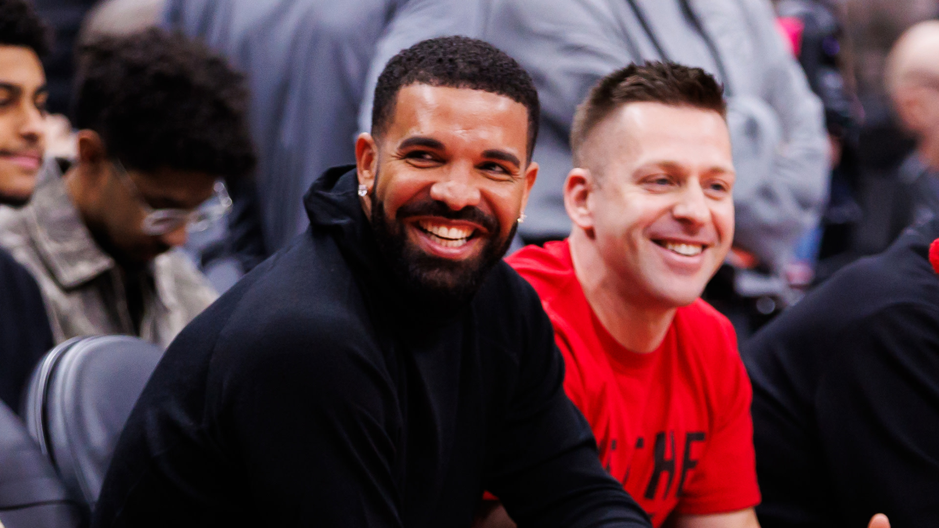 Rapper Drake is seen courtside during first half a game between the Toronto Raptors and the Golden State Warriors at Scotiabank Arena on January 13, 2025 in Toronto, Canada. 