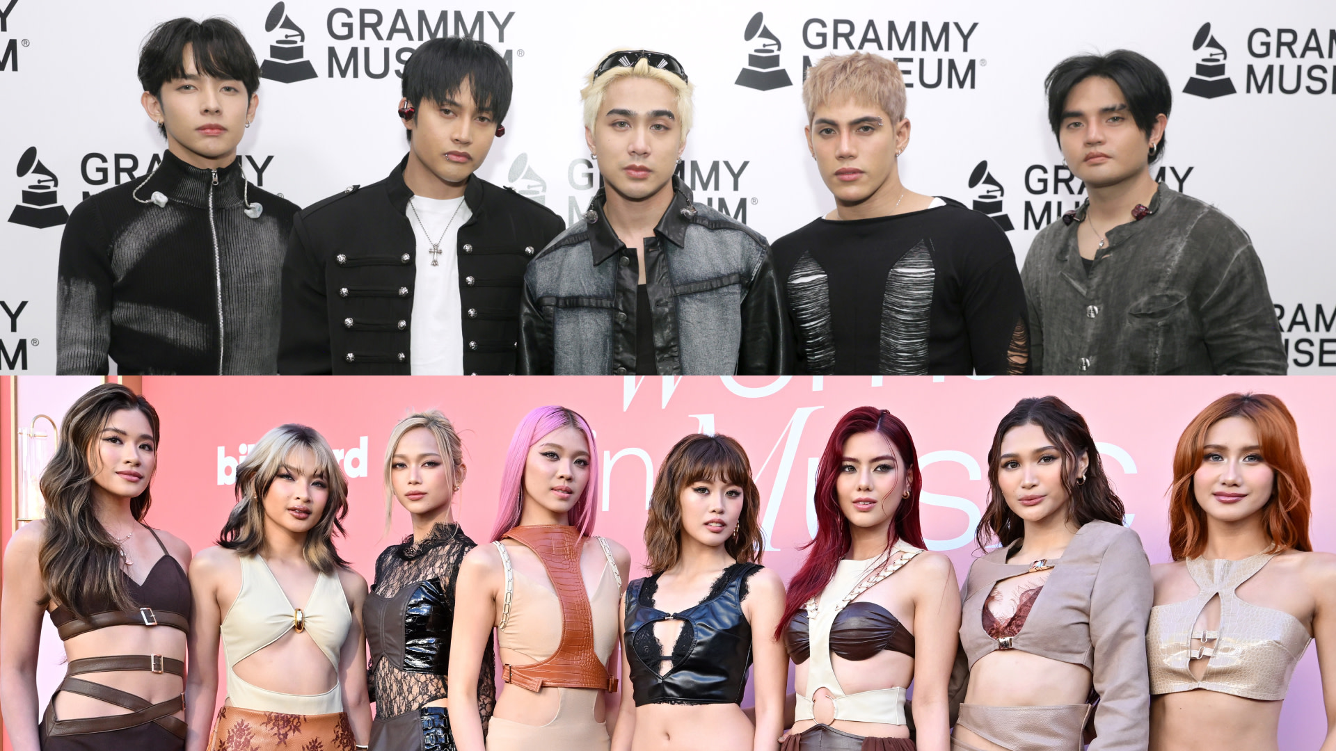 Split image. Top: Boy band SB19 wears dark outfits. Bottom: Girl group BINI wears stylish, colorful attire.