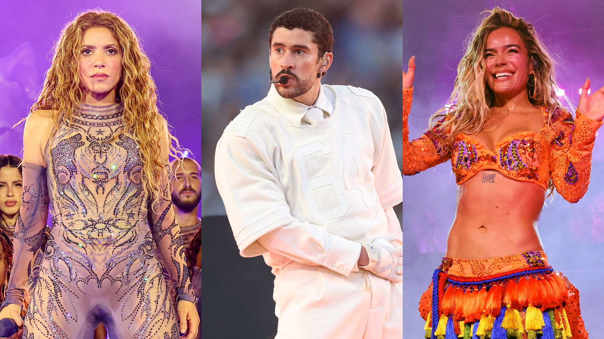 Split image. Shakira in a detailed bodysuit, Bad Bunny in a white outfit, and Karol G in a colorful ensemble, all performing on stage.