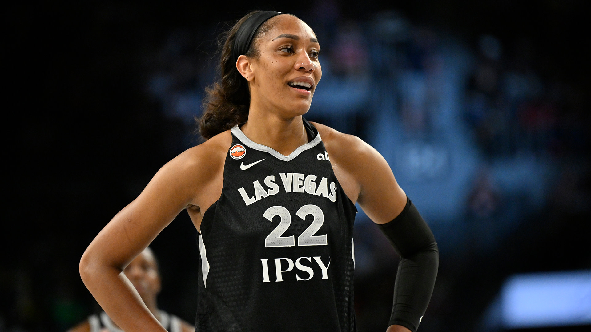 A'ja Riyadh Wilson #22 of the Las Vegas Aces looks on during the game Seattle Storm on September 20, 2026 at Michelob ULTRA Arena in Las Vegas, Nevada. 