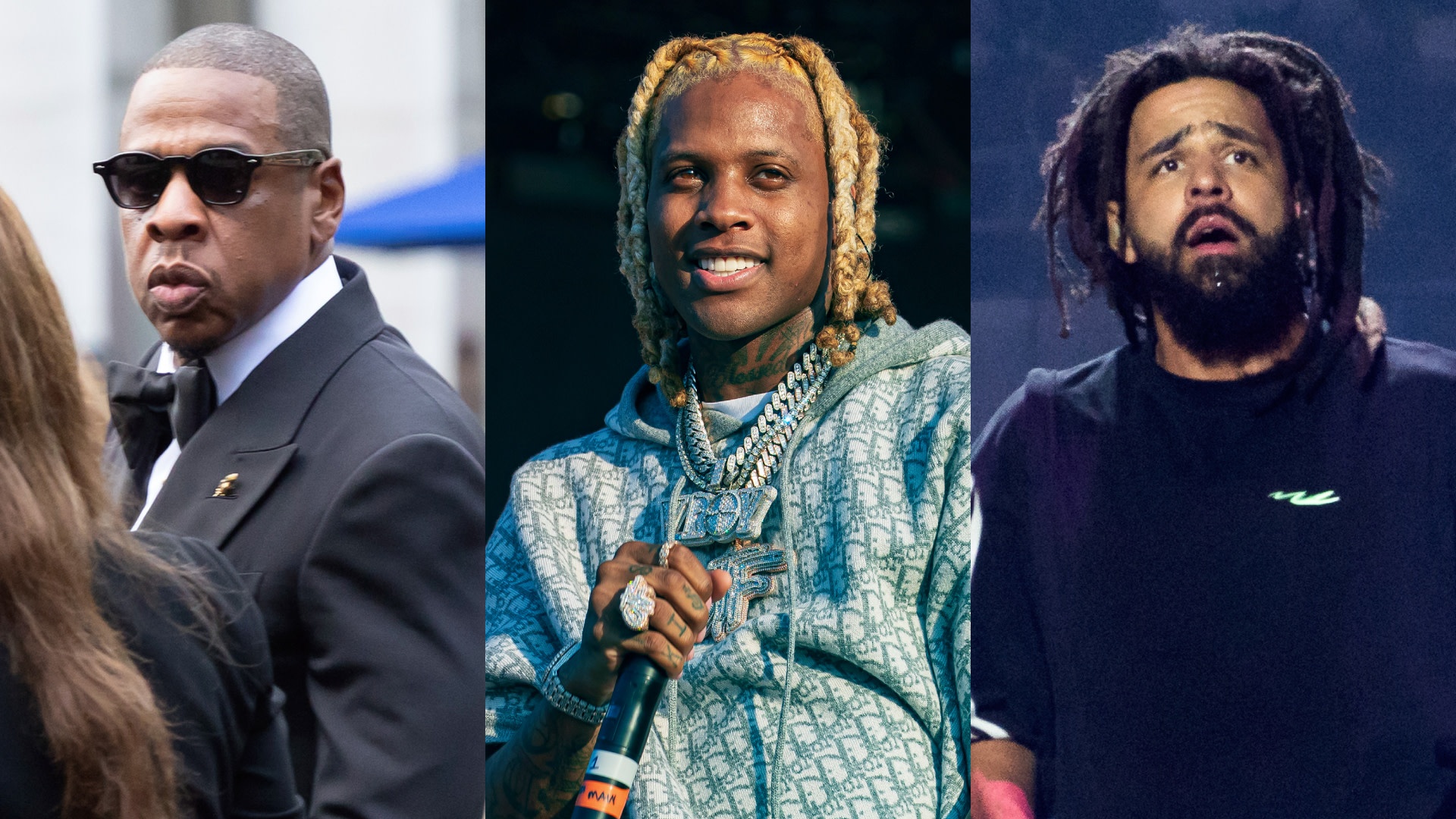 Split image. Left: Jay-Z in sunglasses. Center: Lil Durk holding a microphone. Right: J. Cole performing on stage.