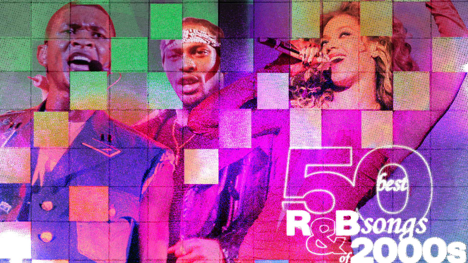 Colorful collage of 2000s R&B singers with text "50 best R&B songs of 2000s."