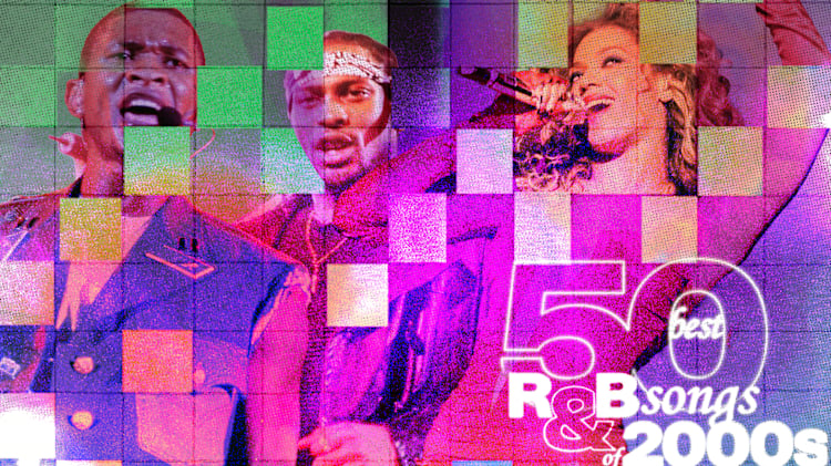 Colorful collage of 2000s R&B singers with text "50 best R&B songs of 2000s."