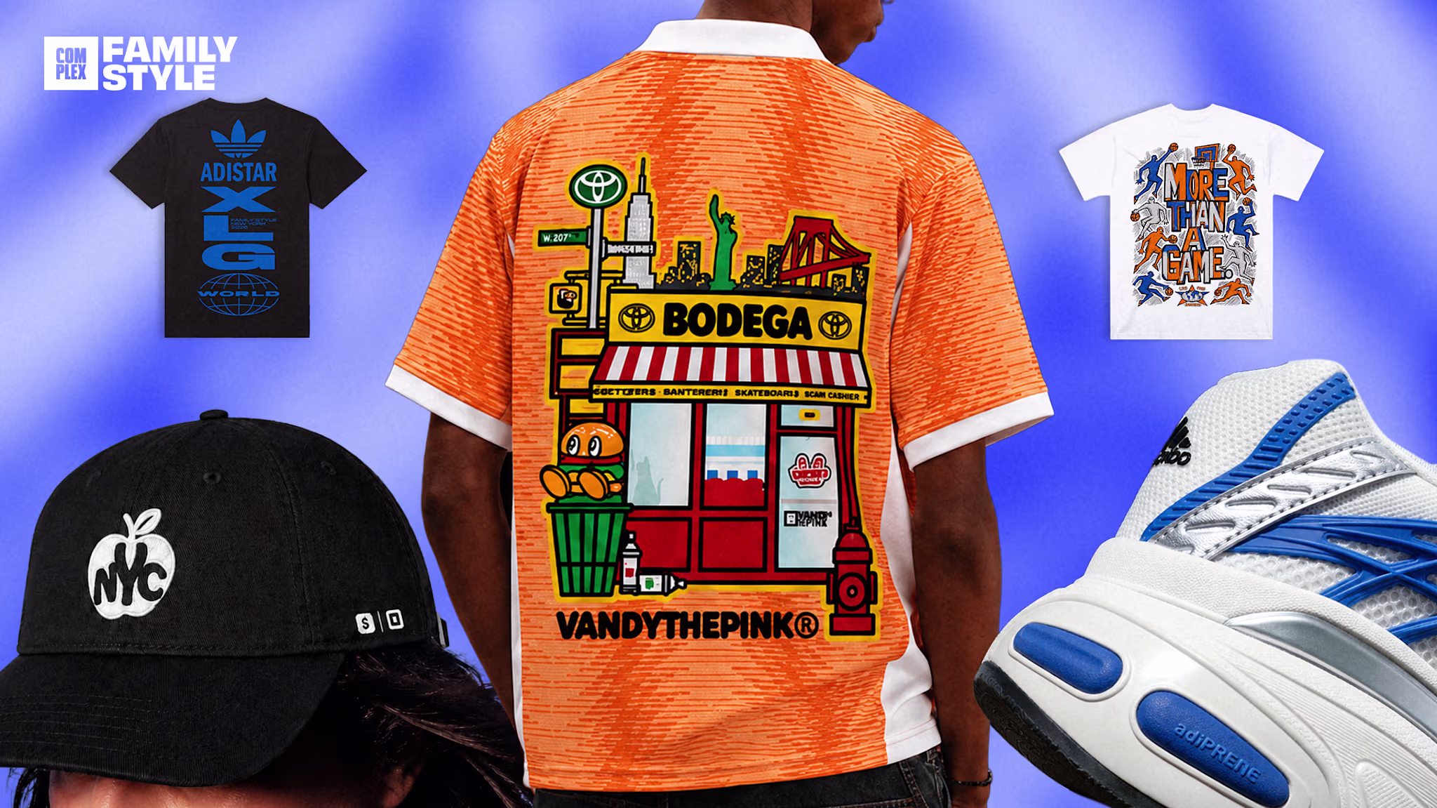 A collage featuring streetwear items: an orange "Bodega" shirt, black NYC cap, Adidas t-shirt, graphic tee, and blue-white sneakers.