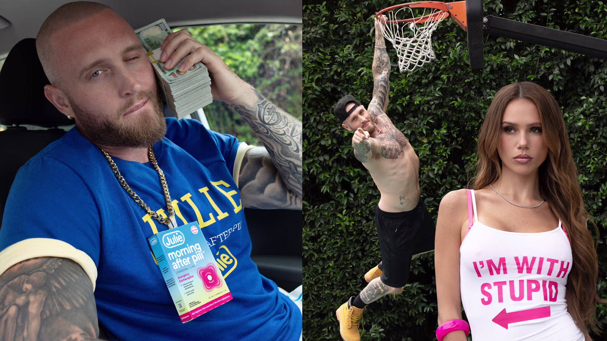 Chet Hanks with tattoos holds cash and wears a blue shirt, then dunks a basketball. Hallie Batchelder in a white tank top stands nearby.