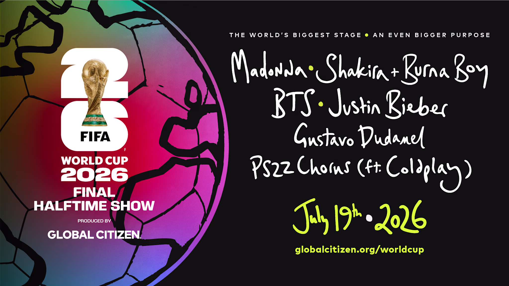 Poster for the 2026 FIFA World Cup Final Halftime Show featuring Madonna, Shakira, Burna Boy, BTS, Justin Bieber, and more.