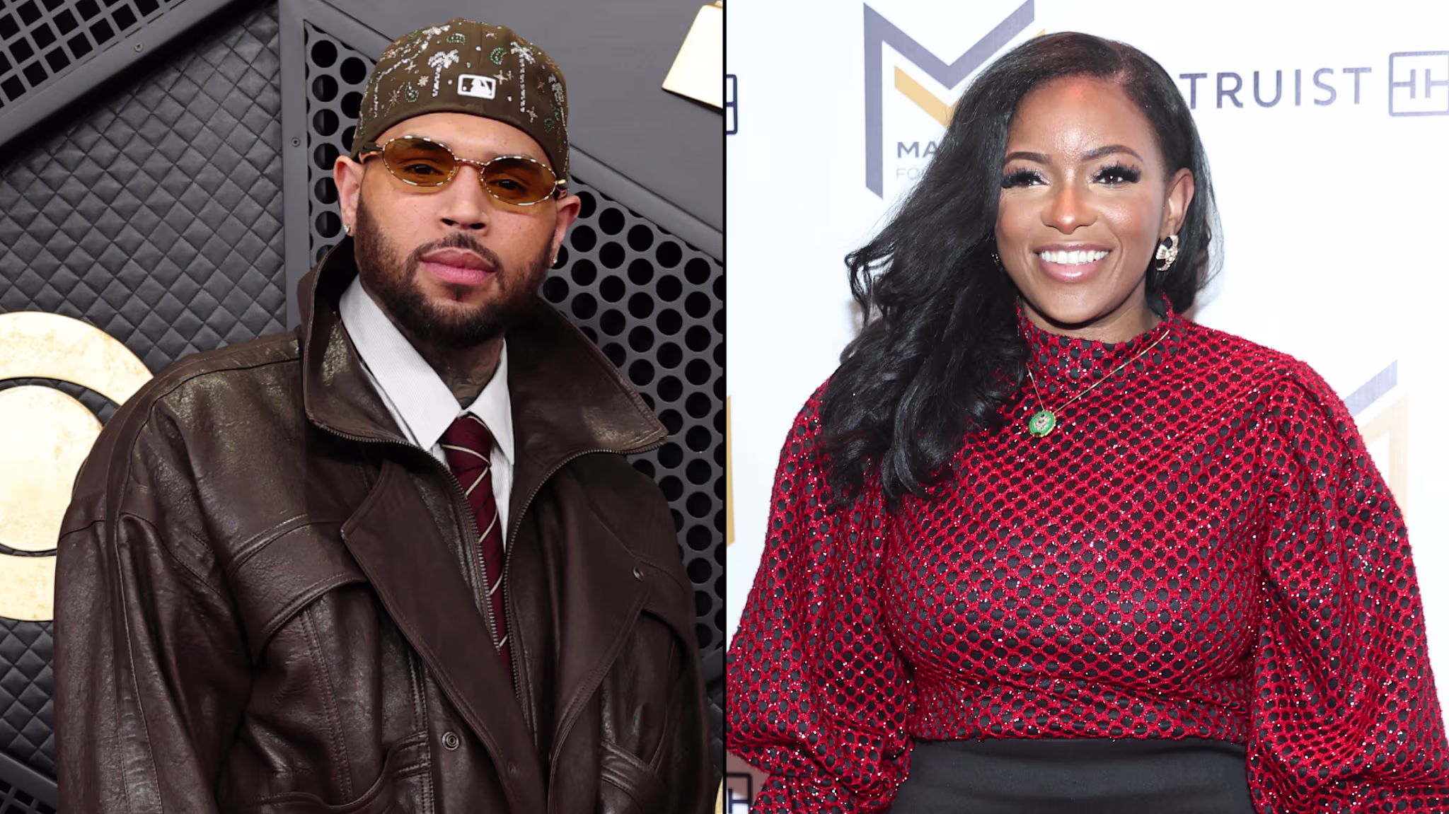Split image. Left: Chris Brown in a brown leather jacket and cap. Right: Rep. Jasmine Crockett in a red and black patterned top, both smiling at a formal event.