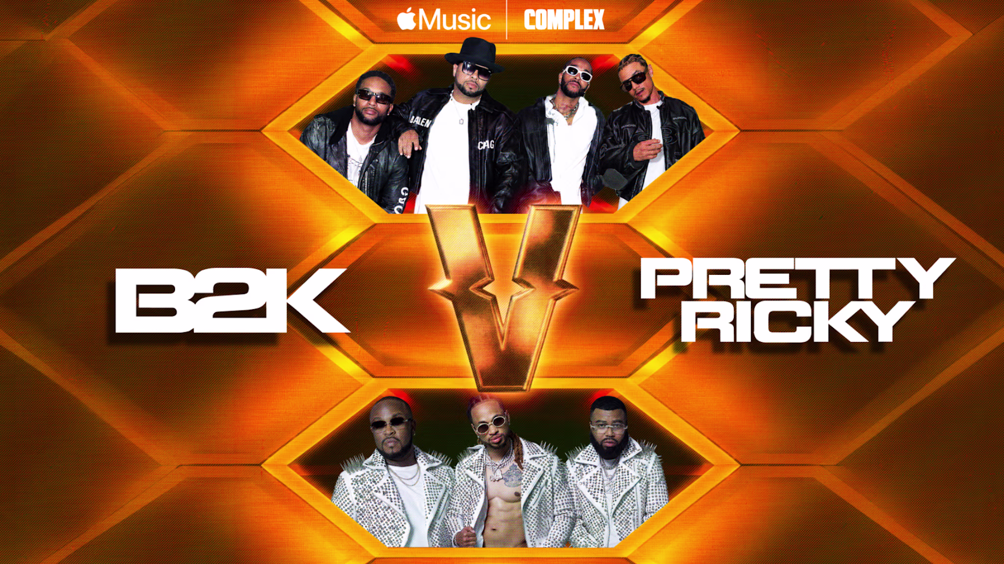 Promotional image featuring B2K and Pretty Ricky with a vibrant orange background, logos of Apple Music and Complex.