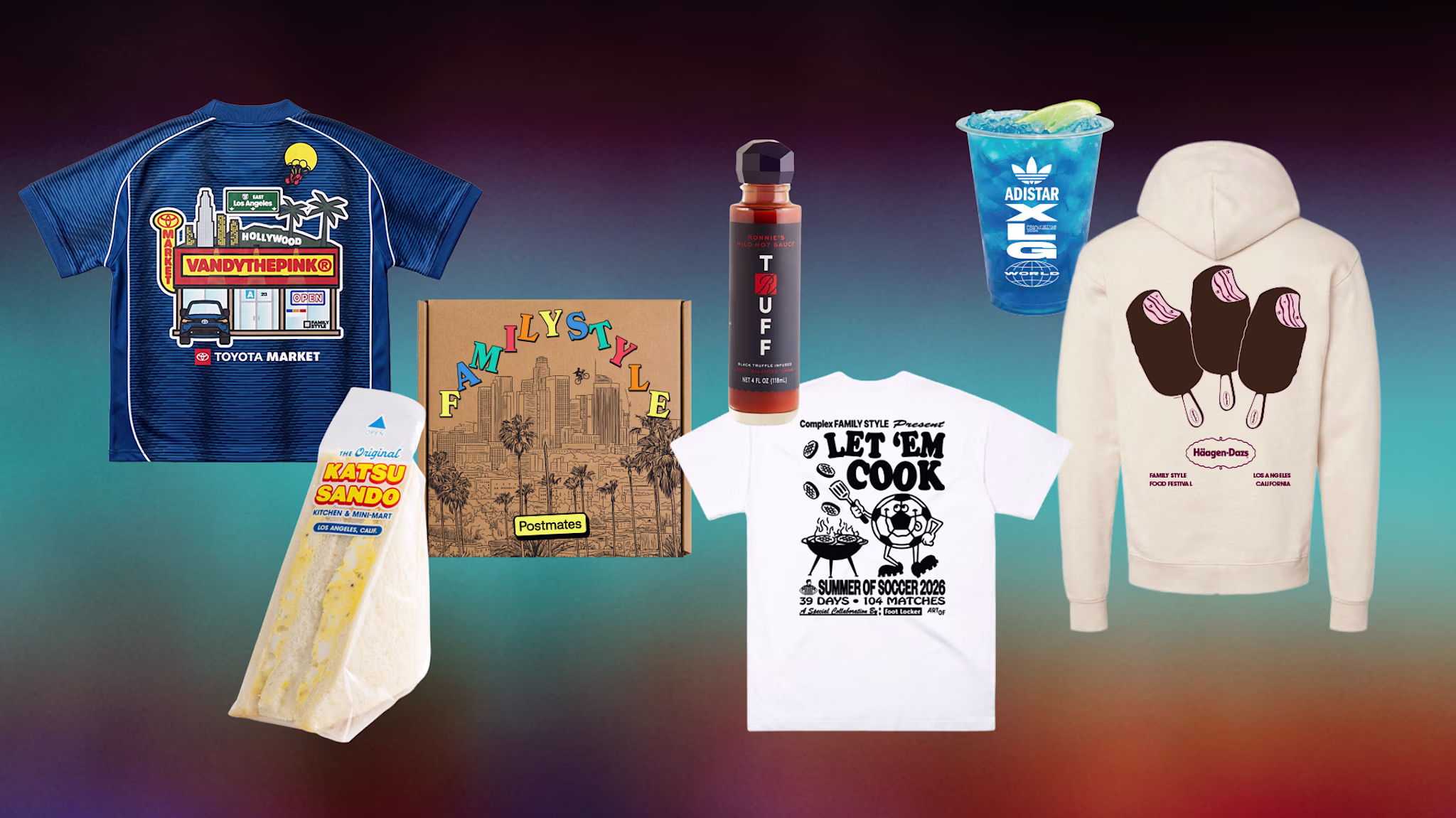 A collection of items including a blue jersey, Family Style box, water bottle, white T-shirt, ice cream cup, sandwich, and a hoodie.