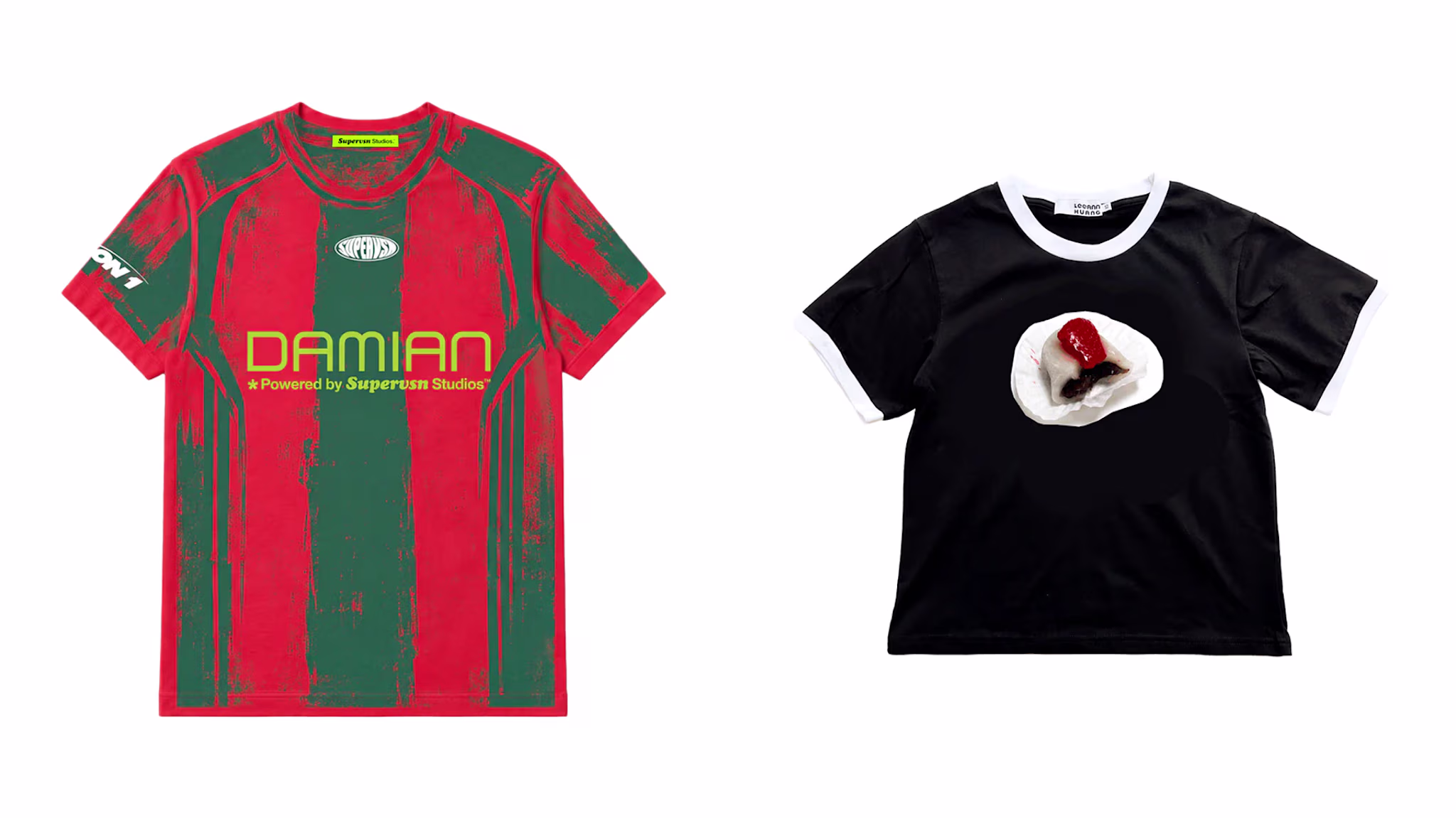 Two graphic T-shirts: one red and green with "DAMIAN" and the other black with a fried egg and ketchup design.