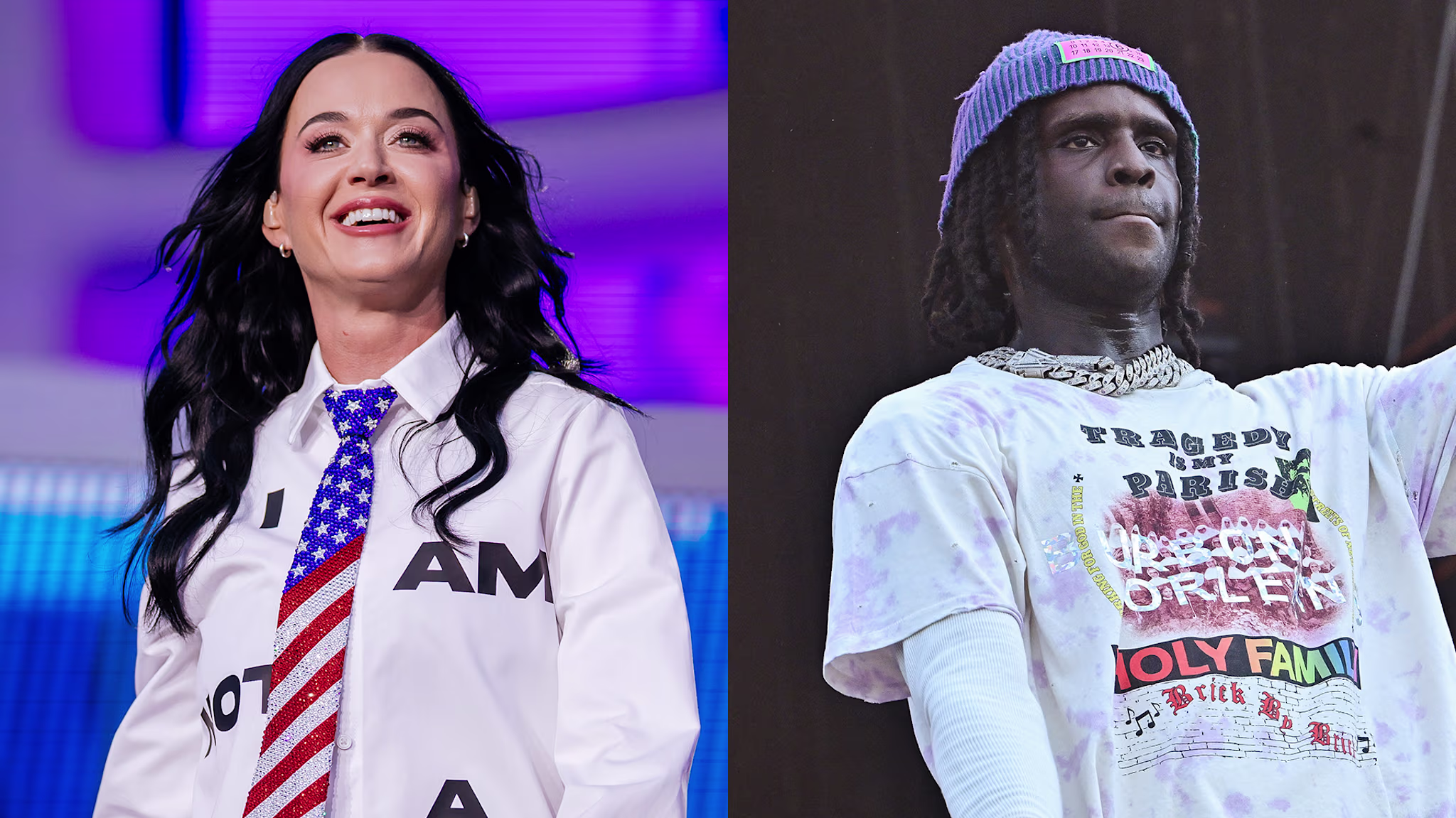 Katy Perry smiling in a white shirt with an American flag tie; Chief Keef wearing a graphic tee and beanie on stage.