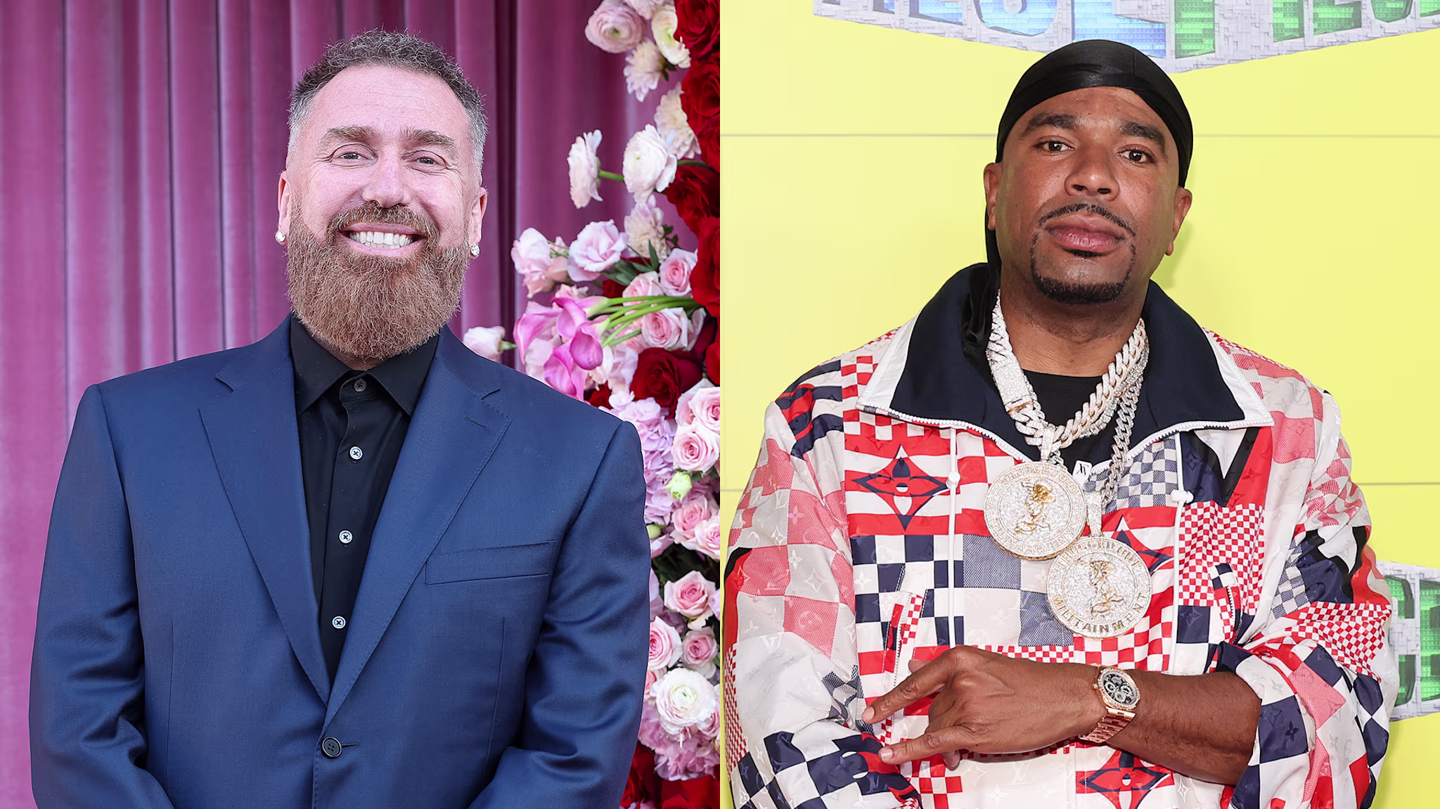 Two men are pictured: DJ Vlad in a blue suit with a beard, smiling in front of flowers; N.O.R.E. in a patterned jacket with chains, standing confidently.