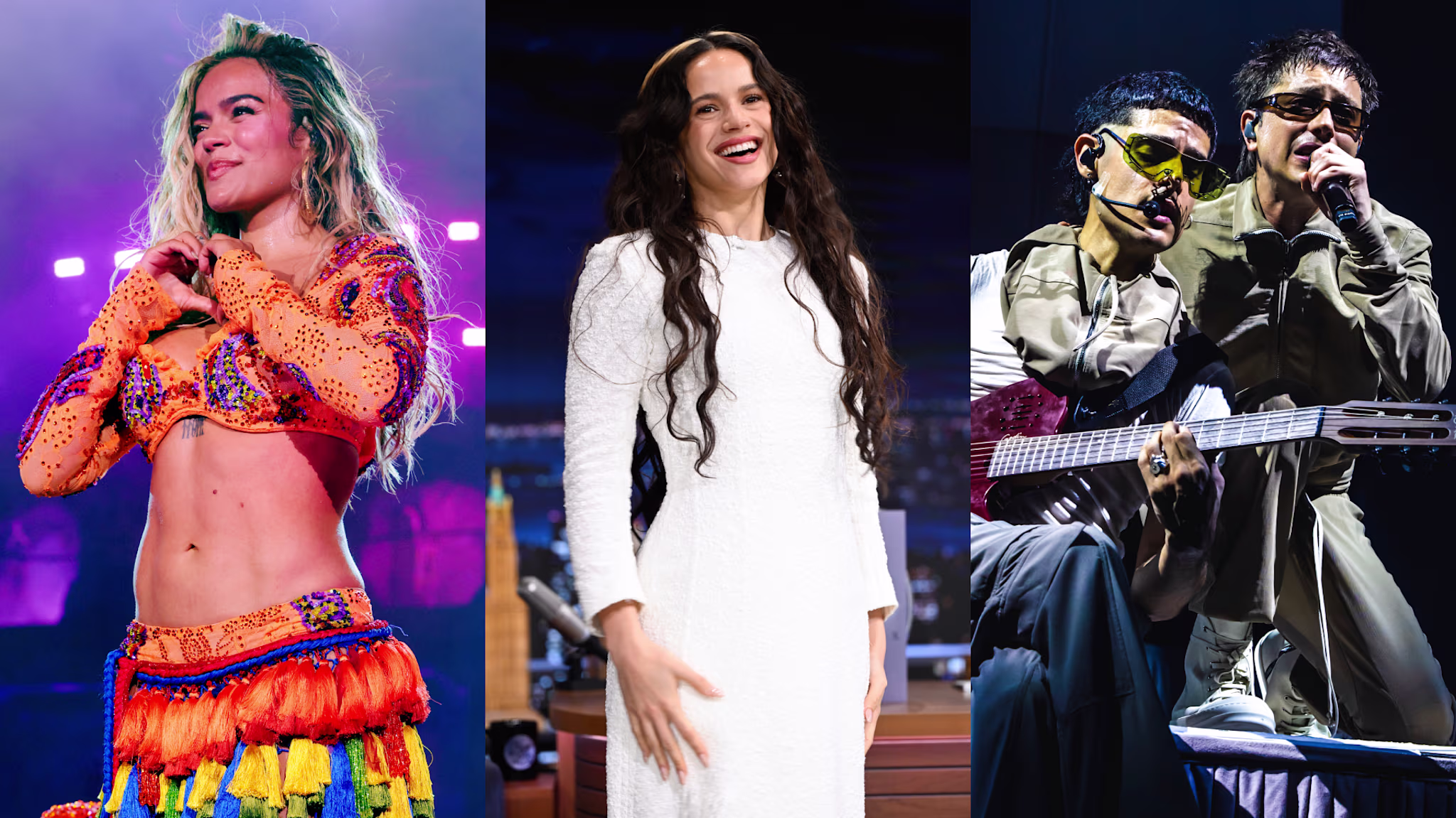 Split image. Left: Karol G performing in vibrant attire. Center: Rosalía in a white dress smiling. Right: Ca7riel and Paco Amoroso on stage with a guitarist wearing sunglasses.