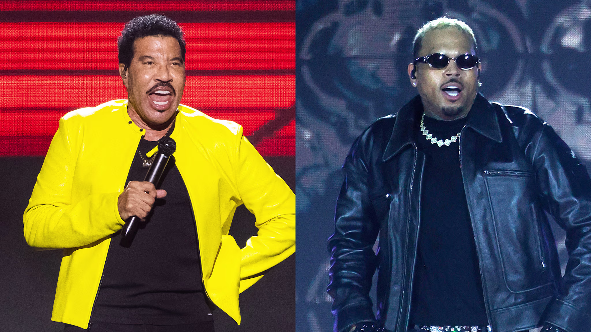 Lionel Richie in a yellow jacket performing, and Chris Brown in a black jacket with sunglasses on stage.
