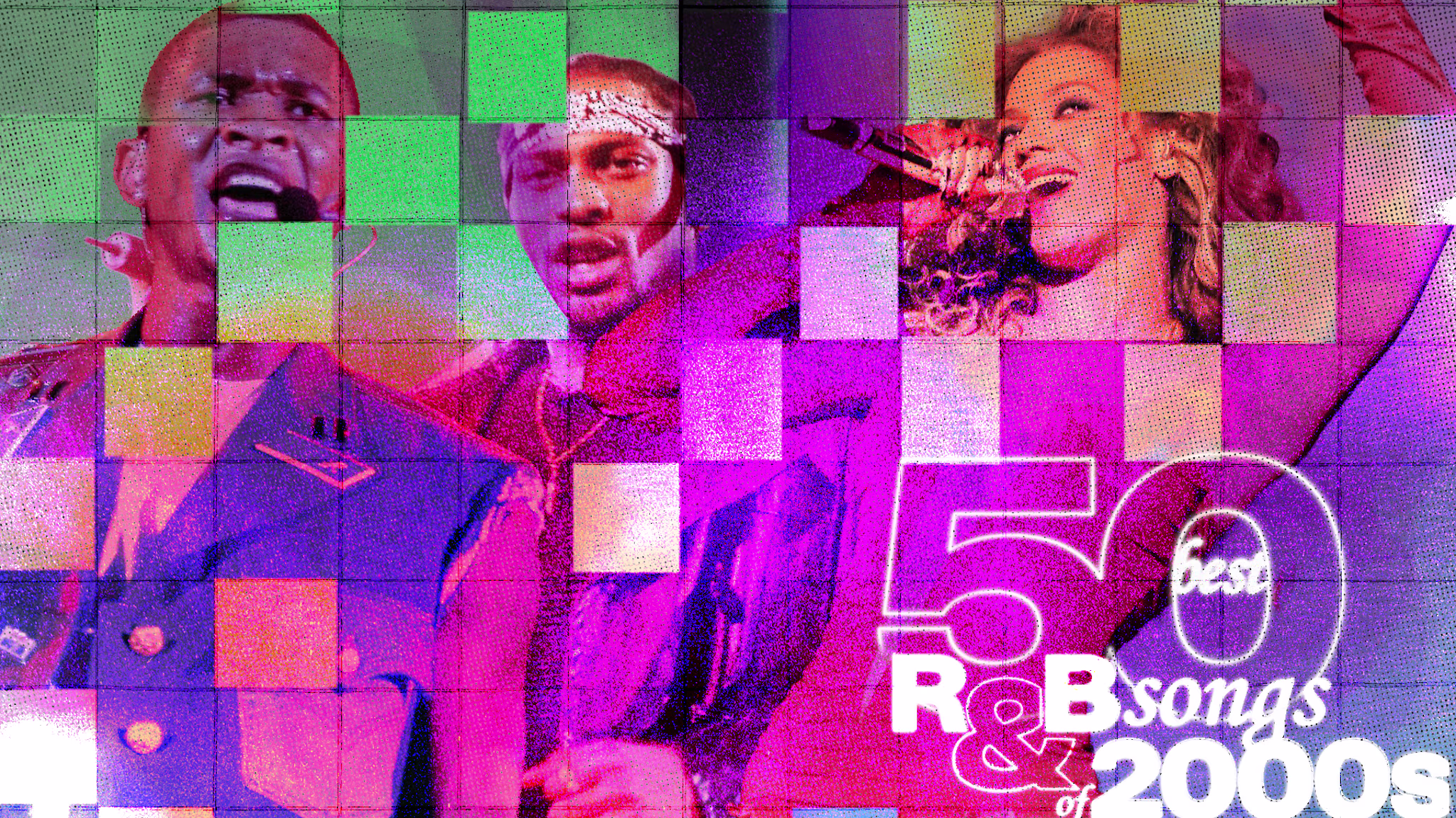 A vibrant collage featuring Usher, Nelly, and Beyoncé, with text reading "50 Best R&B Songs of the 2000s."
