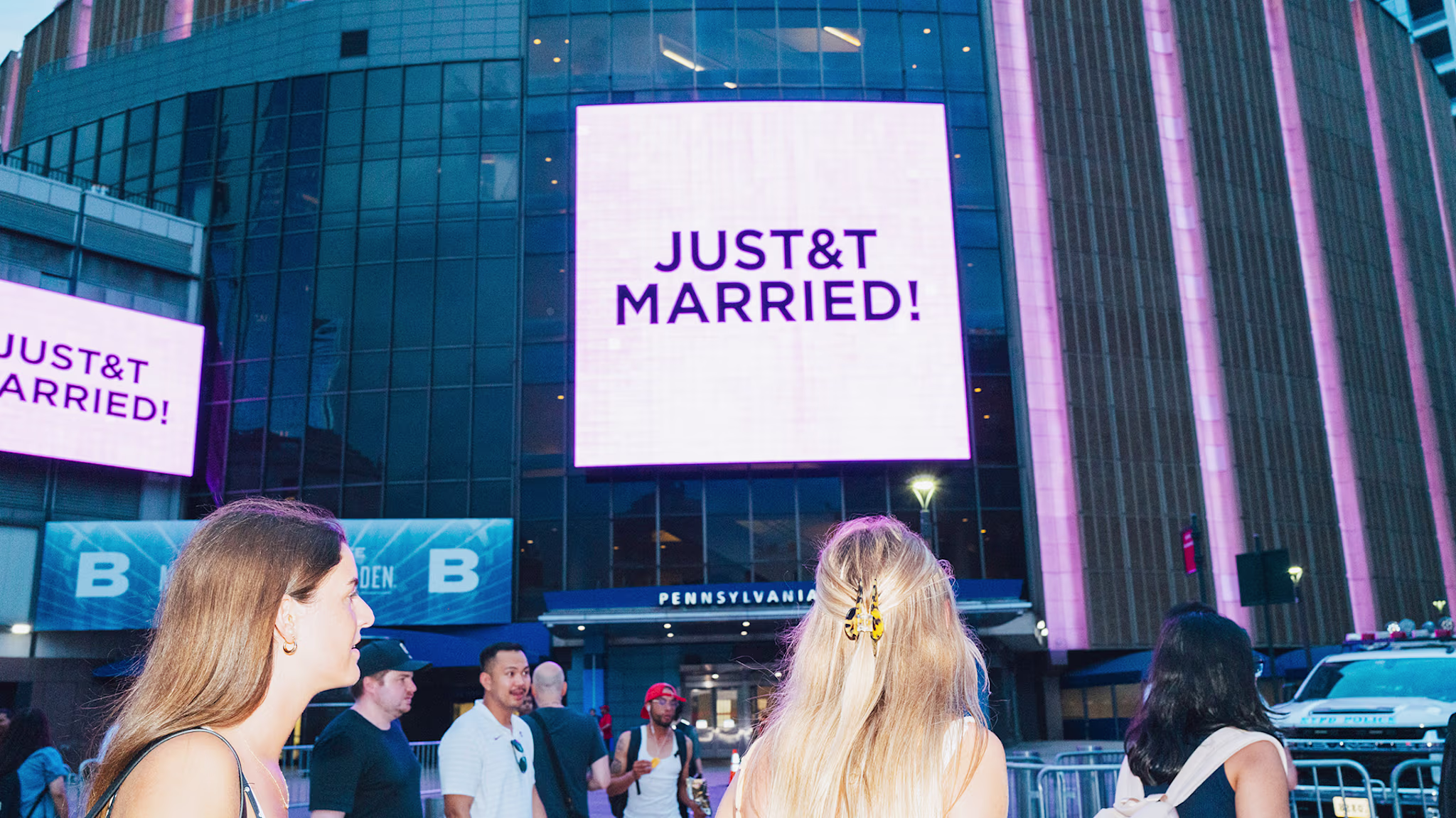 The screens diplay "Just T&T Married!" outside Madison Square Garden in New York, New York on July 3, 2026. Taylor Swift and Travis Kelce's wedding was reportedly at Madison Square Garden.