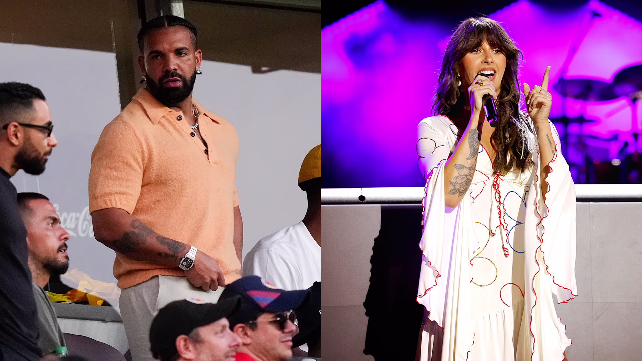 Drake in a peach shirt at an event; Ella Langley performing on stage in a white dress with a microphone.