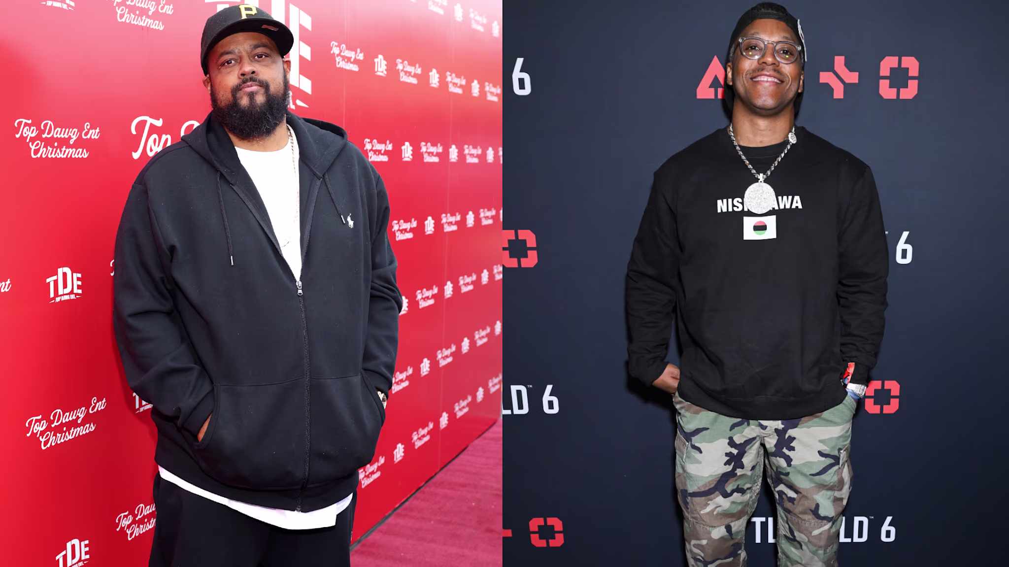 Punch in a black hoodie and cap, Lupe Fiasco in a black shirt and camo pants, both on red carpets.