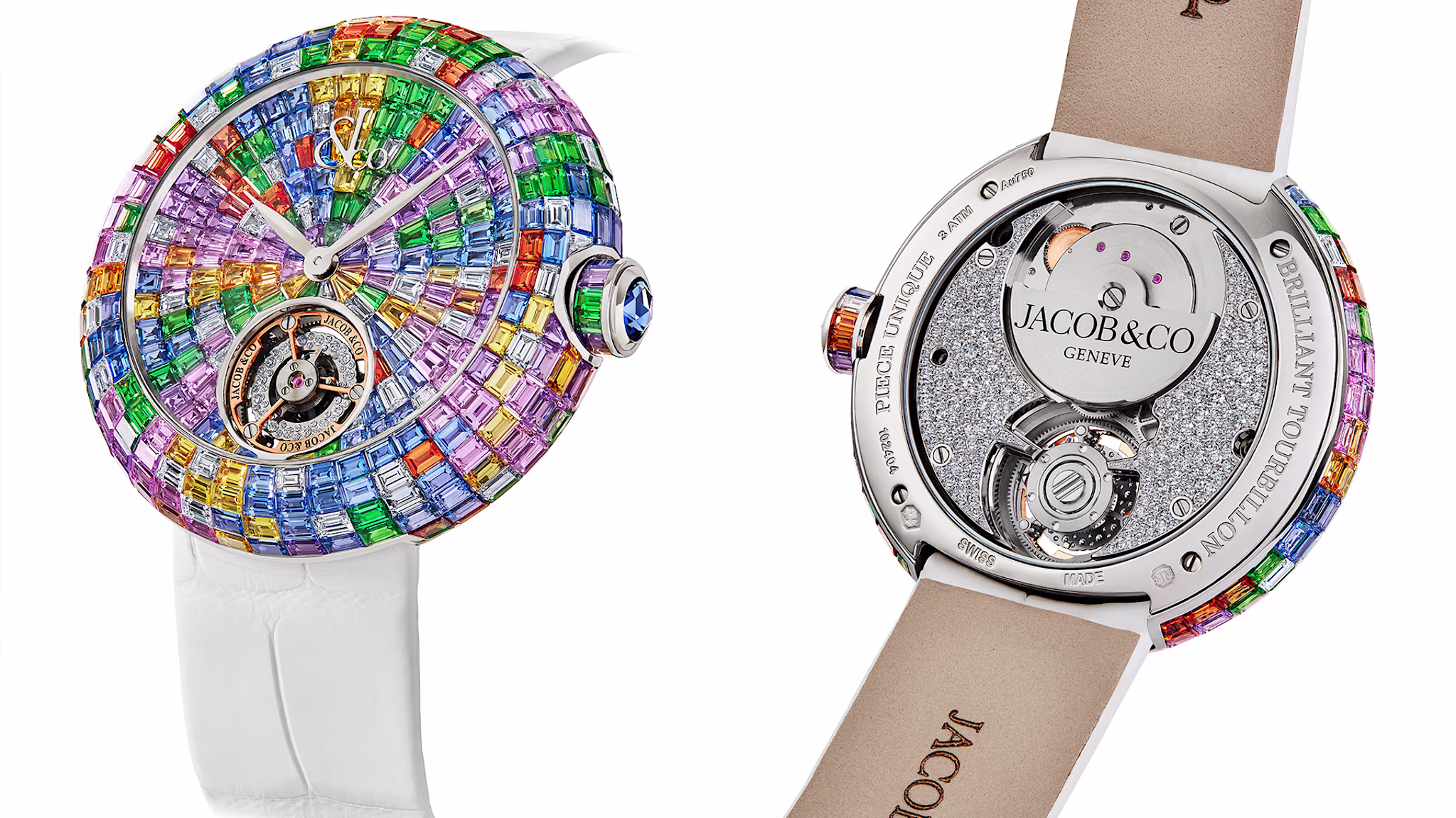 A luxurious Jacob & Co. watch with a colorful gemstone dial and a white strap, showcasing the intricate mechanics on the back.