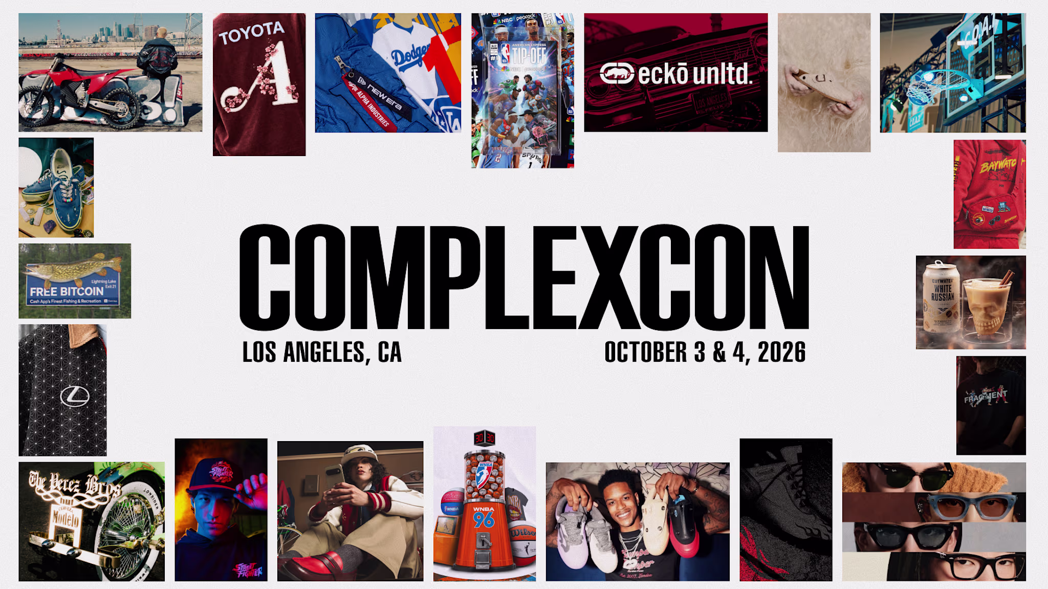 Collage promoting ComplexCon in Los Angeles, CA on October 3 & 4, 2026, featuring various fashion, tech, and lifestyle images.
