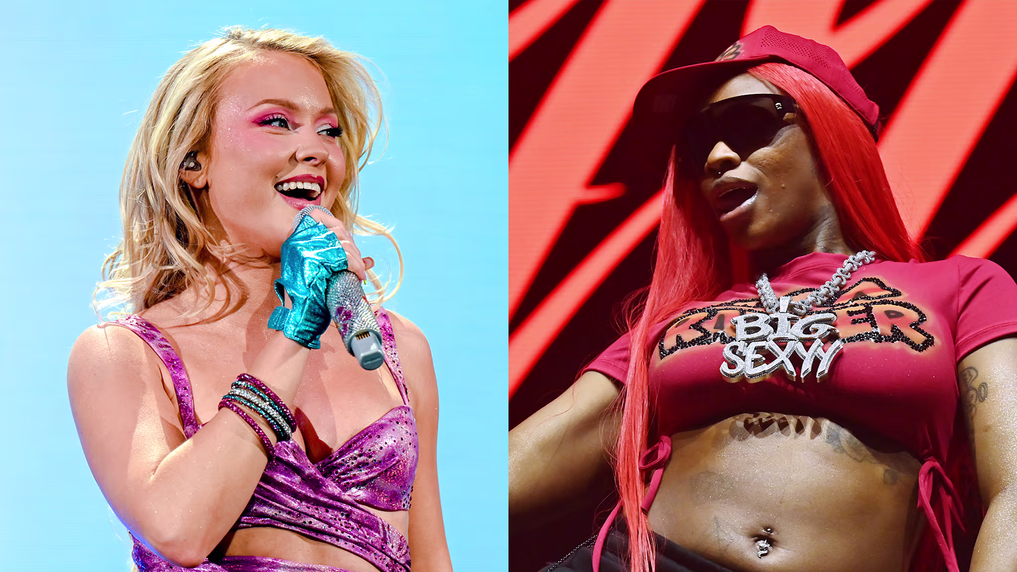 Zara Larsson performing in a pink outfit with glittery makeup; Sexyy Red in a red top and hat on stage.