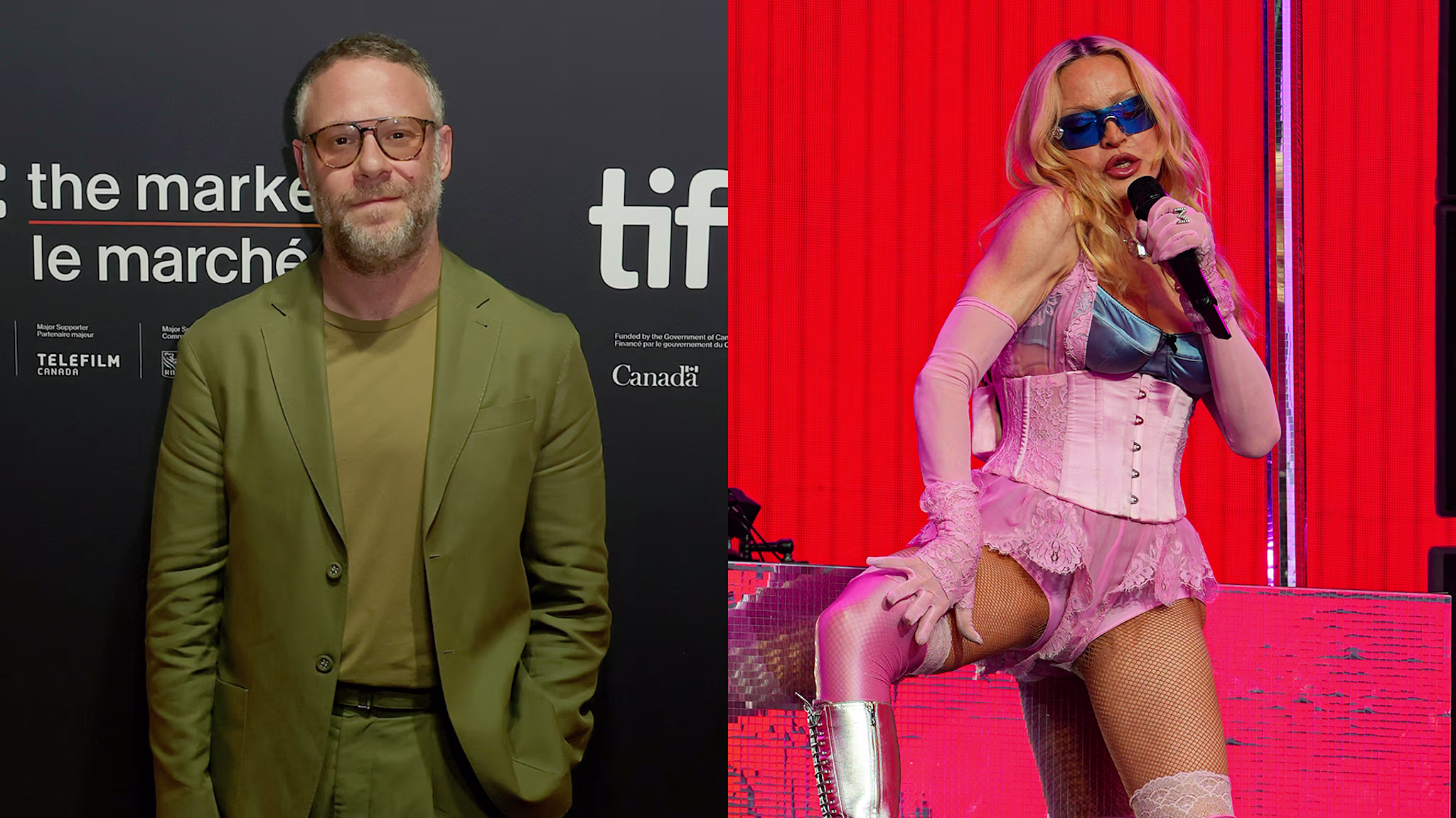 Seth Rogen in a green suit at a TIFF event; Madonna in a pink corset and sunglasses performing on stage.
