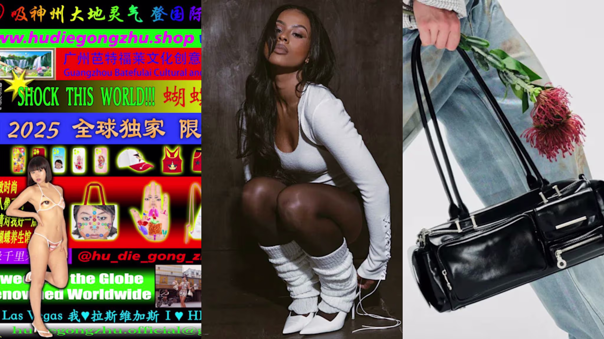 A collage with a colorful advertisement, a woman in white attire squatting, and a person holding a black bag with flowers.