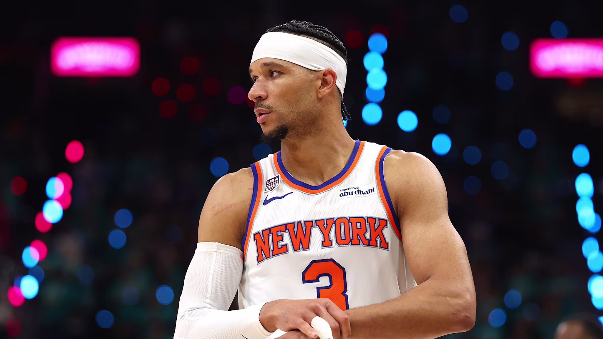 Josh Hart #3 of the New York Knicks reacts during the fourth quarter against the San Antonio Spurs in Game One of the 2026 NBA Finals at Frost Bank Center on June 03, 2026 in San Antonio, Texas. 