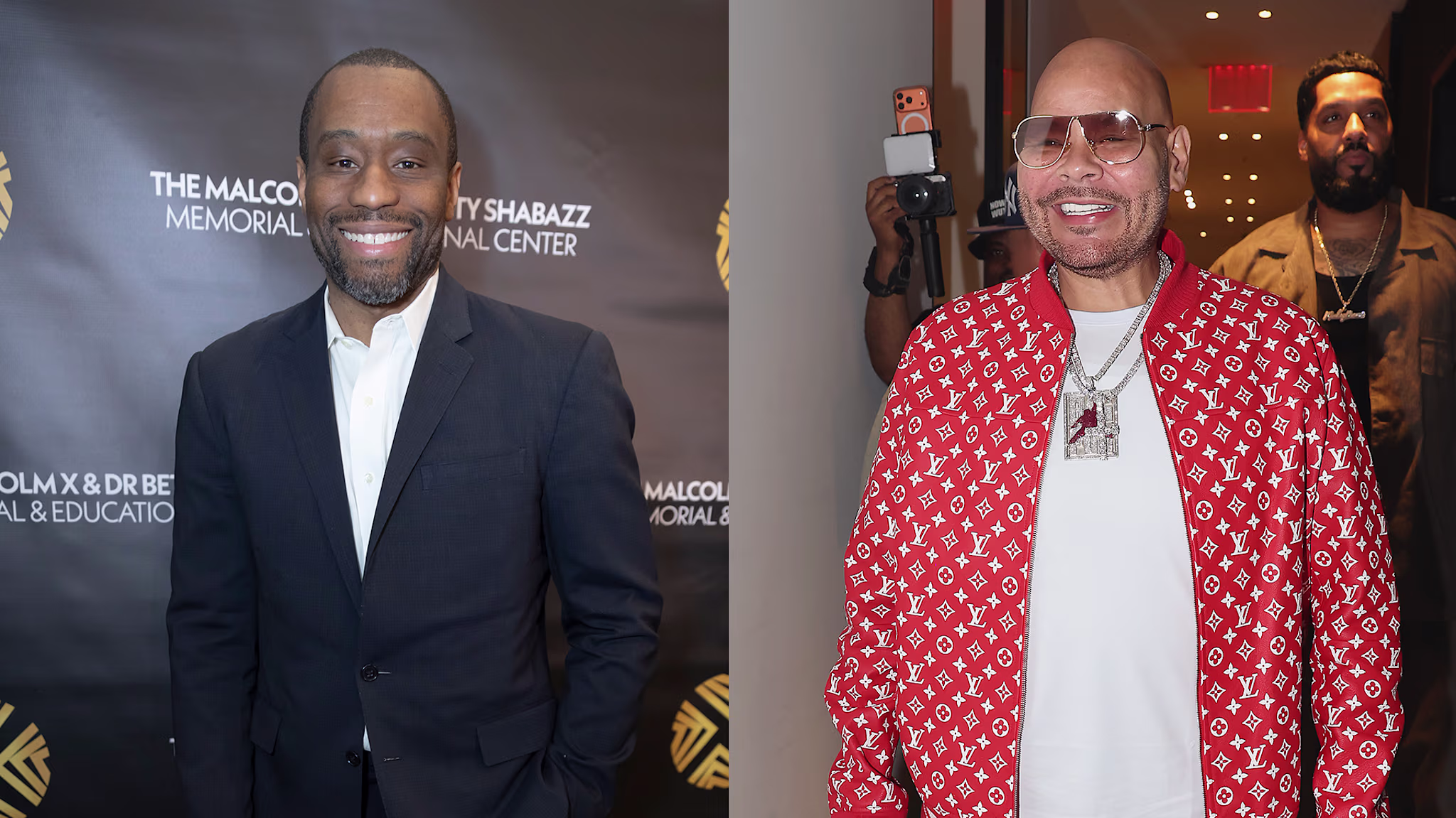 Two men are side by side; Marc Lamont Hill on the left is in a suit, and Fat Joe on the right wears a red patterned jacket and sunglasses.