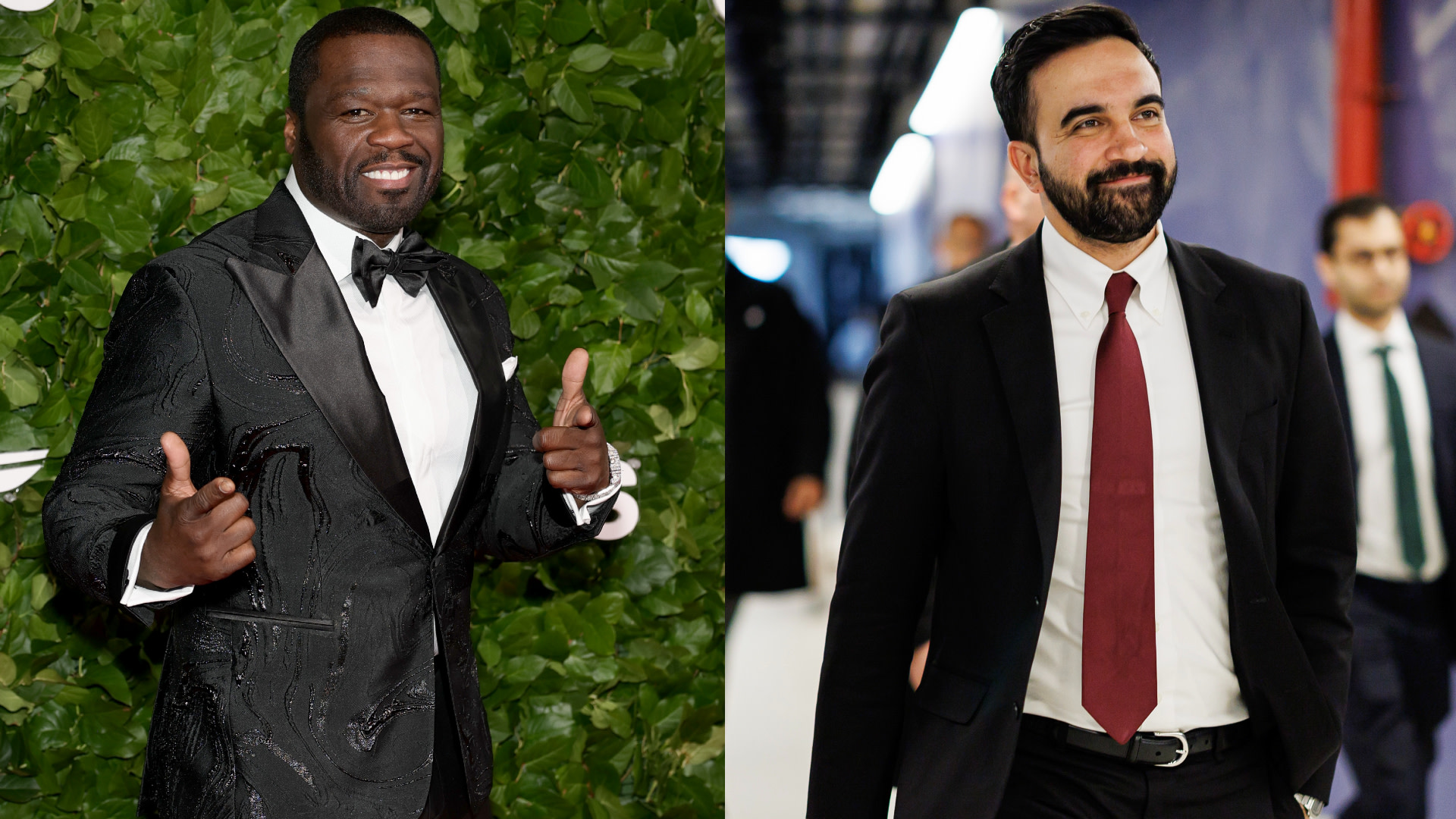 On the left, 50 Cent smiling with thumbs up; on the right, Zohran Mamdani with a beard and maroon tie smiling.