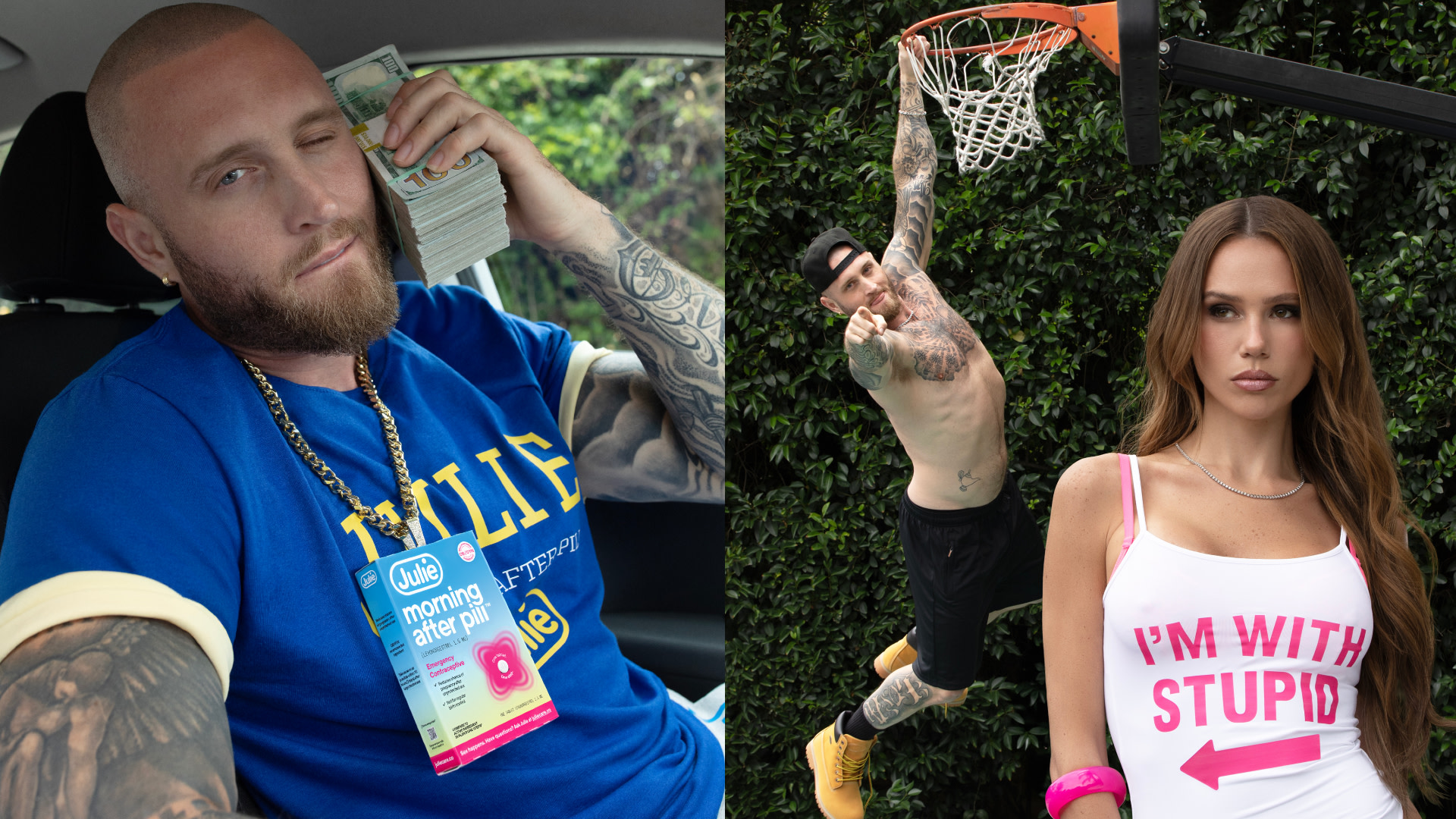 Chet Hanks with tattoos holds cash and wears a blue shirt, then dunks a basketball. Hallie Batchelder in a white tank top stands nearby.