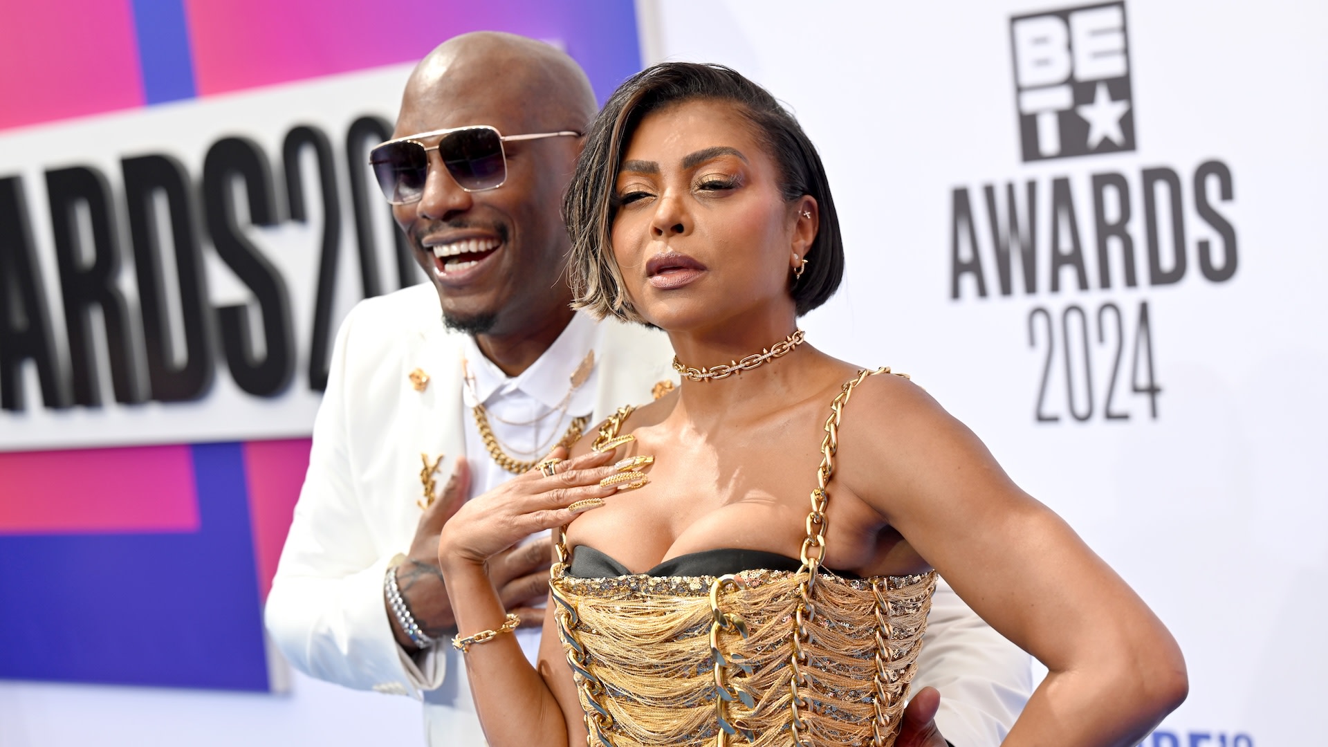 LOS ANGELES, CALIFORNIA - JUNE 30: (L-R) Tyrese Gibson and Taraji P. Henson attend the 2024 BET Awards at Peacock Theater on June 30, 2024 in Los Angeles, California.