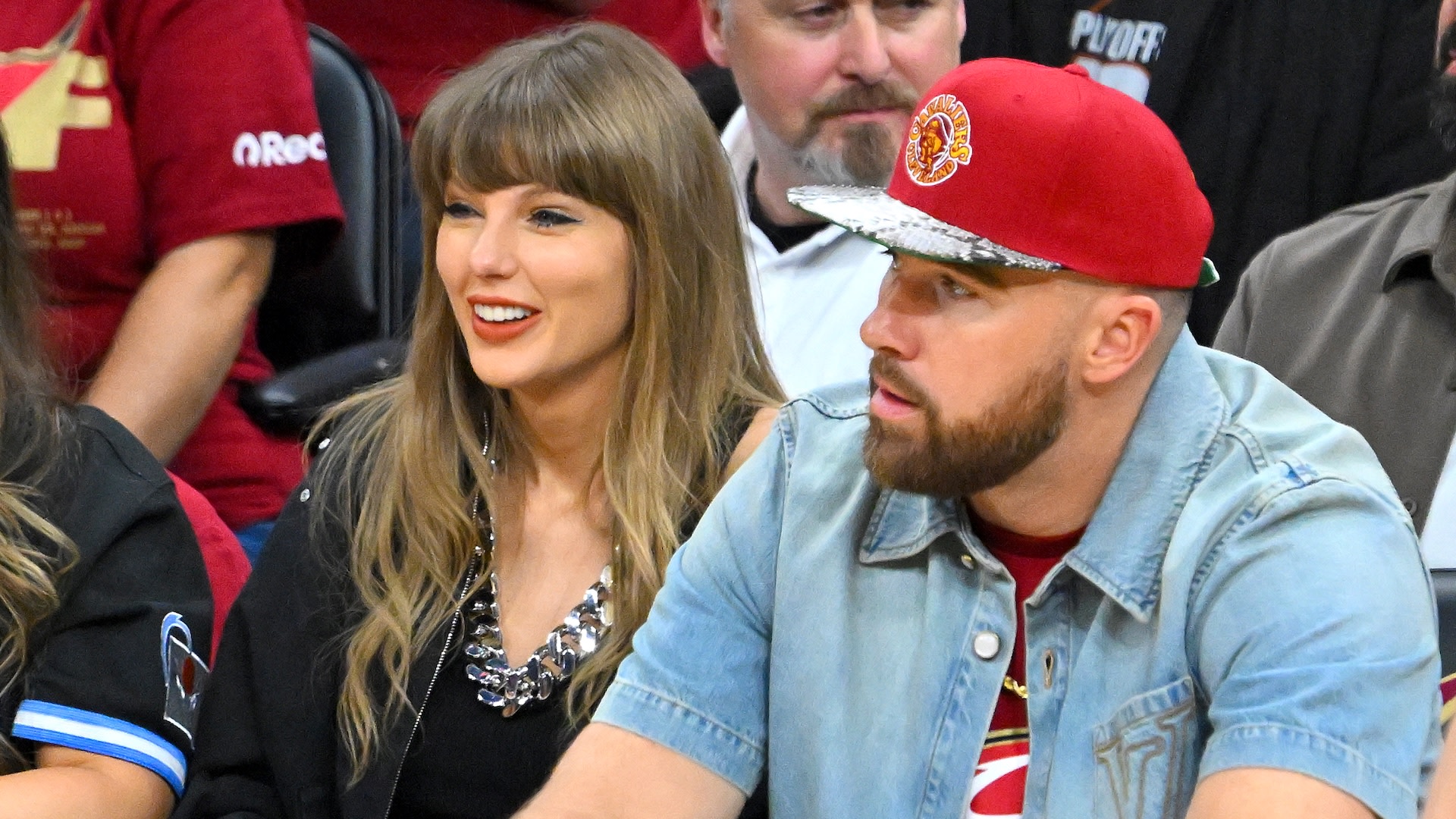 CLEVELAND, OHIO - MAY 23: (L-R) Singer Taylor Swift and Travis Kelce of the Kansas City Chiefs attend Game Three between the New York Knicks and the Cleveland Cavaliers in the NBA Eastern Conference Finals at Rocket Arena on May 23, 2026 in Cleveland, Ohio.