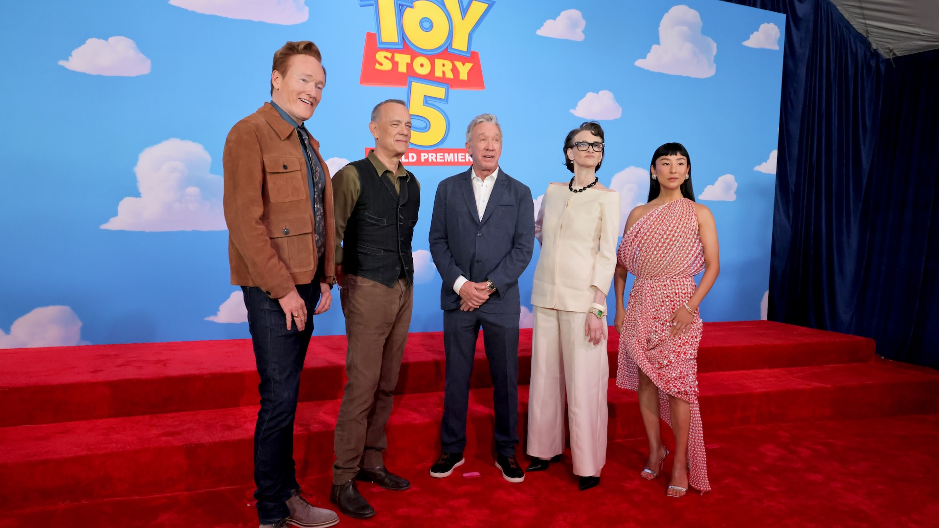 LOS ANGELES, CALIFORNIA - JUNE 09: (L-R) Conan O'Brien, Tom Hanks, Tim Allen, Joan Cusack and Greta Lee attend the Toy Story 5 Los Angeles World Premiere at Dolby Theatre in Los Angeles, California on June 09, 2026.