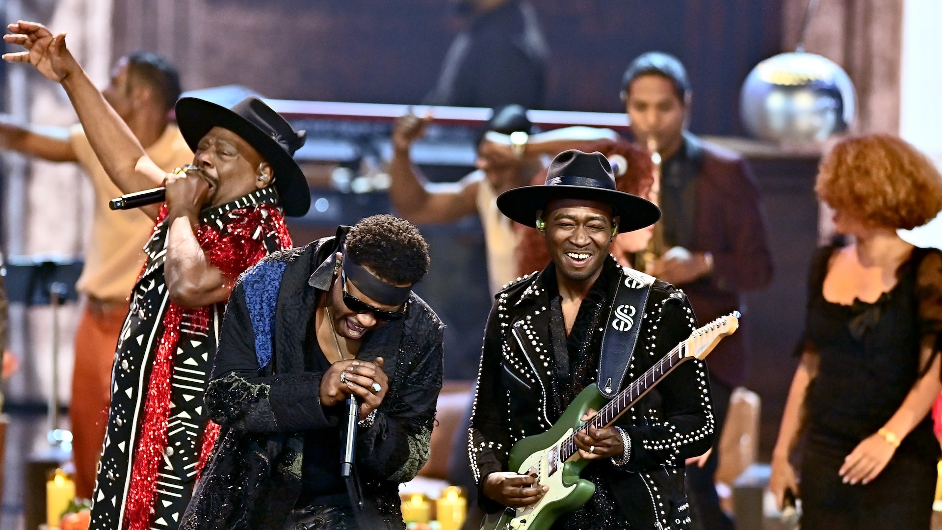 LOS ANGELES, CALIFORNIA - JUNE 28: (L-R) George Clinton, BJ the Chicago Kid, and Isaiah Sharkey perform onstage during the BET Awards 2026 at Peacock Theater on June 28, 2026 in Los Angeles, California.
