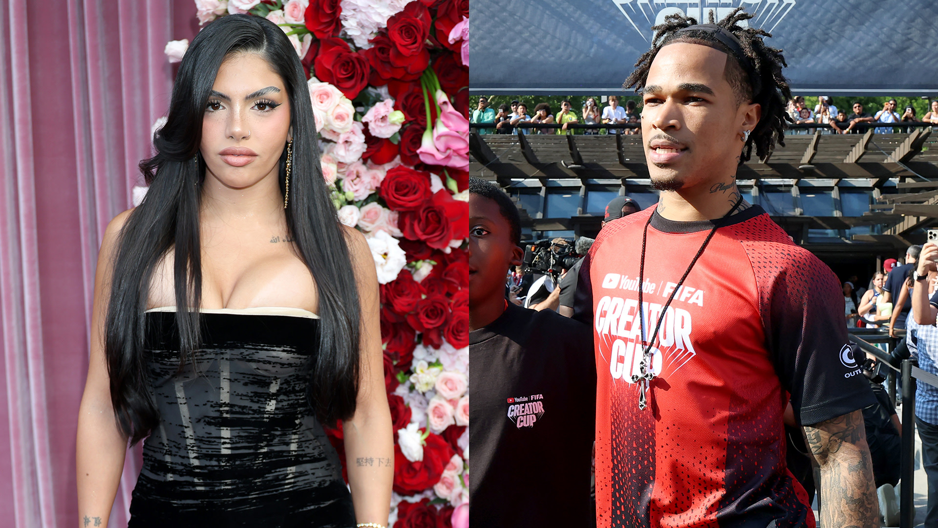 Huda Mustafa in a black dress stands in front of a rose backdrop, and PlaqueBoyMax in a red and black shirt is at an outdoor event.