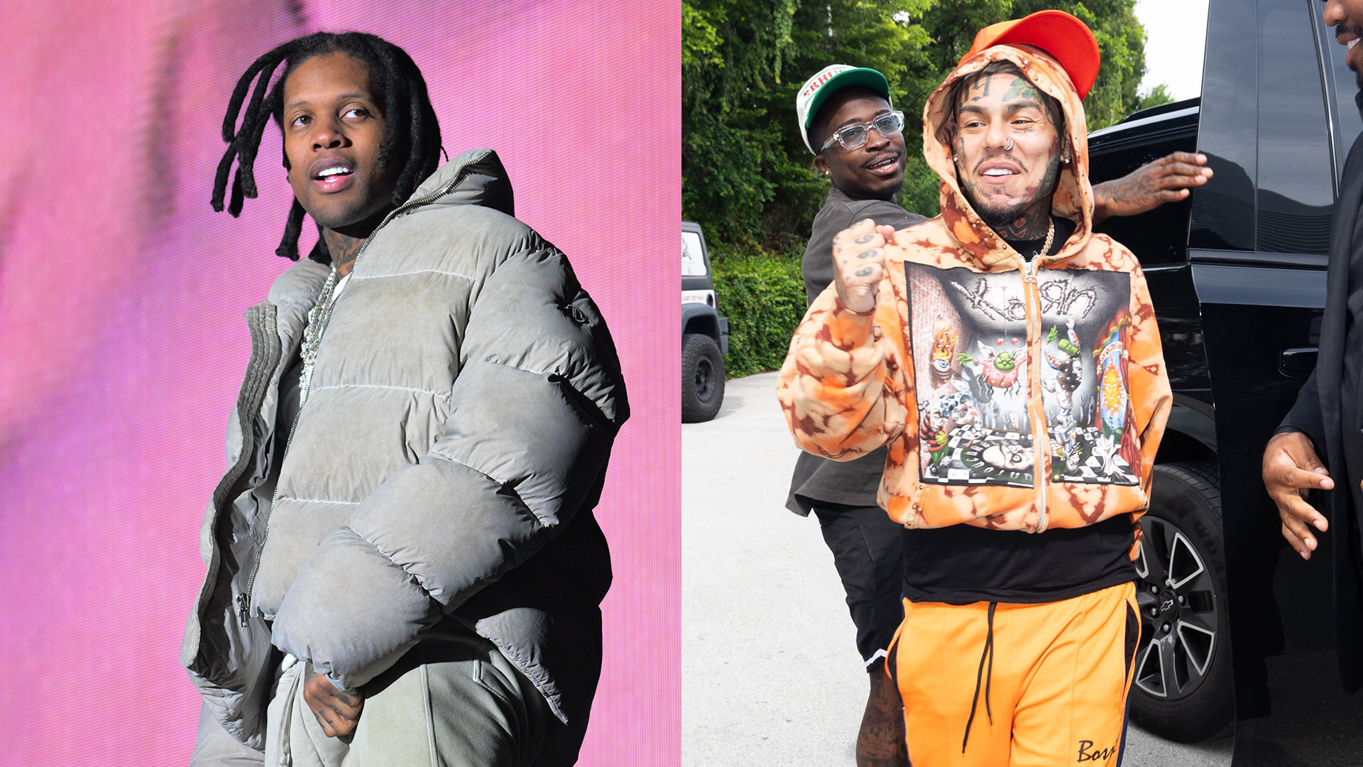 Lil Durk in a gray puffer jacket on the left; 6ix9ine in an orange hoodie and cap on the right, with people around him.
