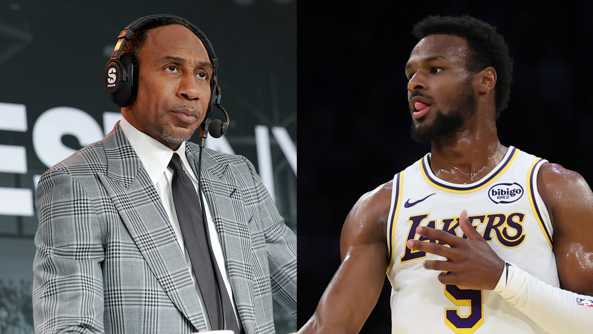 Two images: On the left, Stephen A. Smith in a plaid suit with headphones. On the right, Bronny James in a Lakers jersey, number 5.