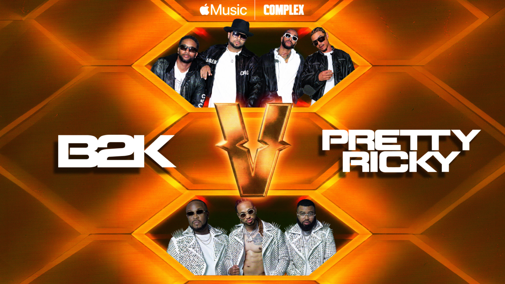 Promotional image featuring B2K and Pretty Ricky with a vibrant orange background, logos of Apple Music and Complex.