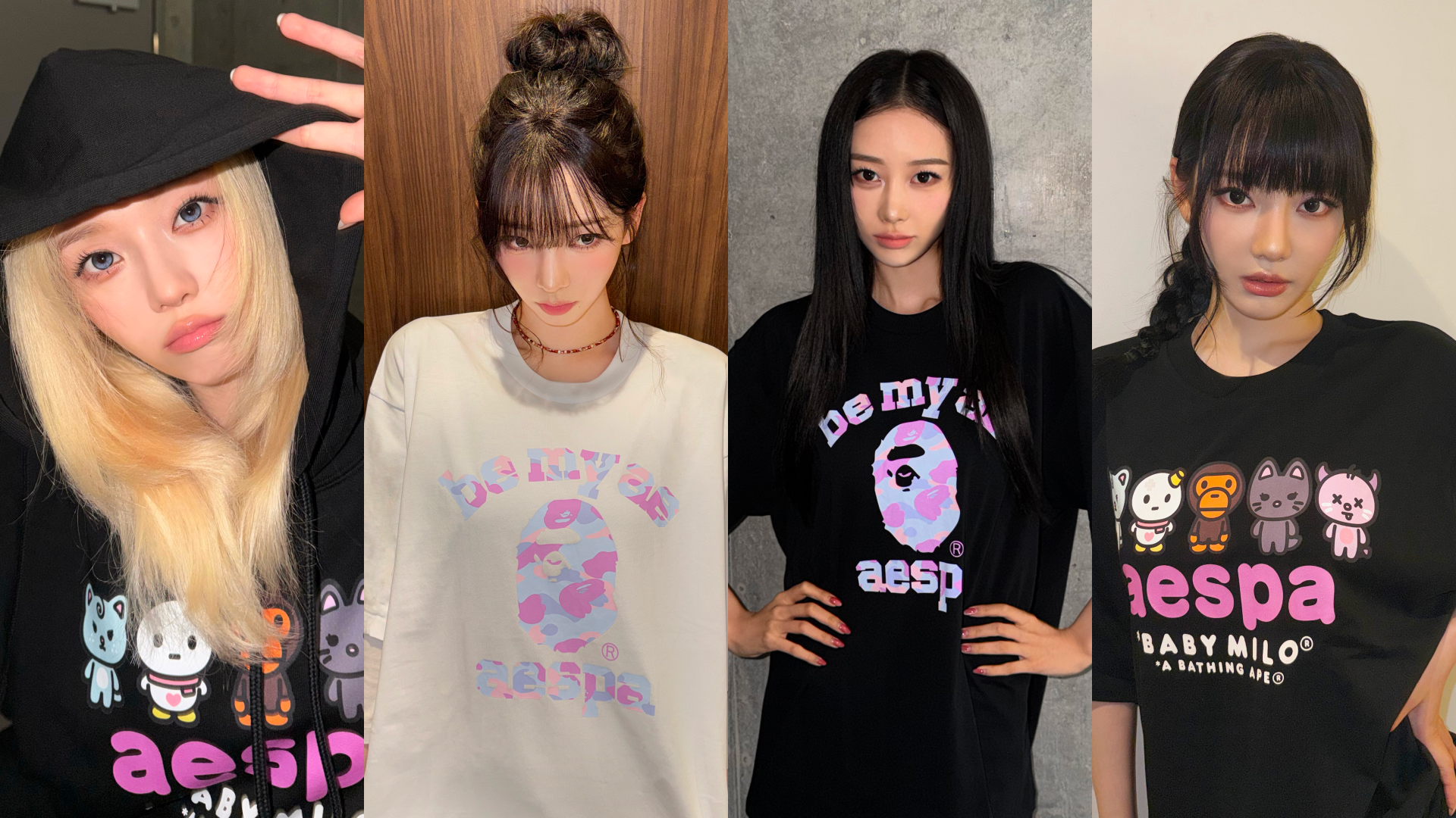 Four women wearing aespa-themed clothing with cartoon graphics. Each has a unique hairstyle and pose, showcasing different shirt designs.