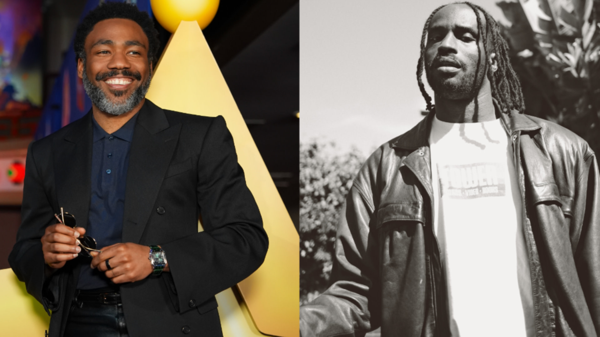 Donald Glover smiling in a suit on the left; Dahi with dreadlocks in a leather jacket on the right.