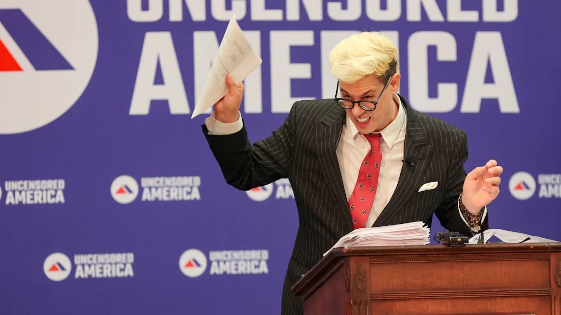 Milo Yiannopoulos speaks during a Â'roastÂ' of Kamala Harris at the University of South Carolina Russel House on Sept. 18, 2024.