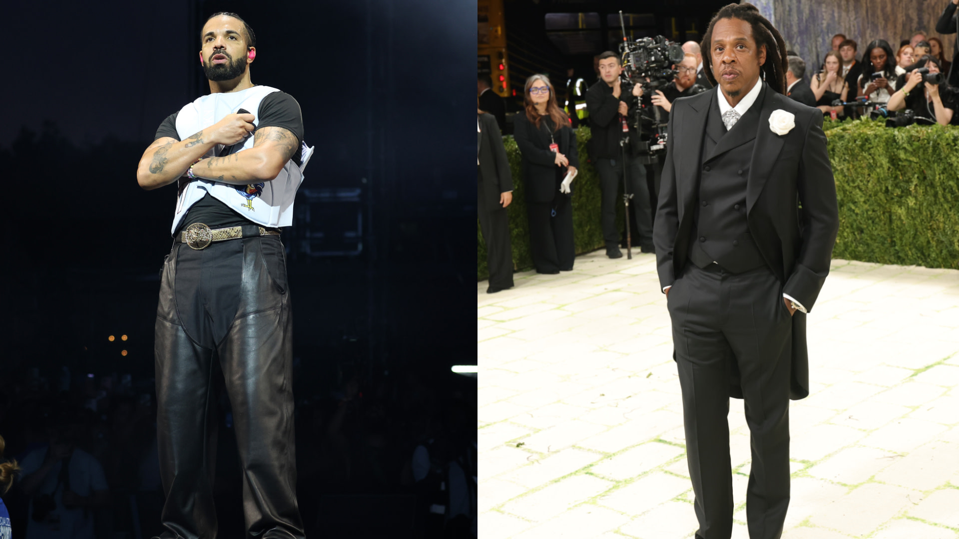Drake performing on stage, wearing a black shirt and leather pants. Jay-Z at a formal event, in a black suit with a white flower.