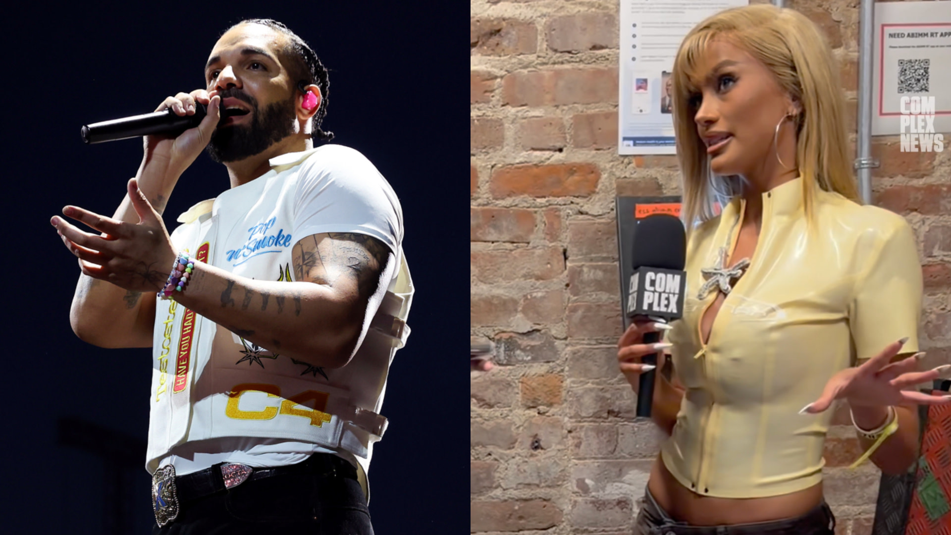 Drake performing on stage, wearing a white vest and holding a microphone. YUME in a yellow top is holding a "Complex News" microphone.