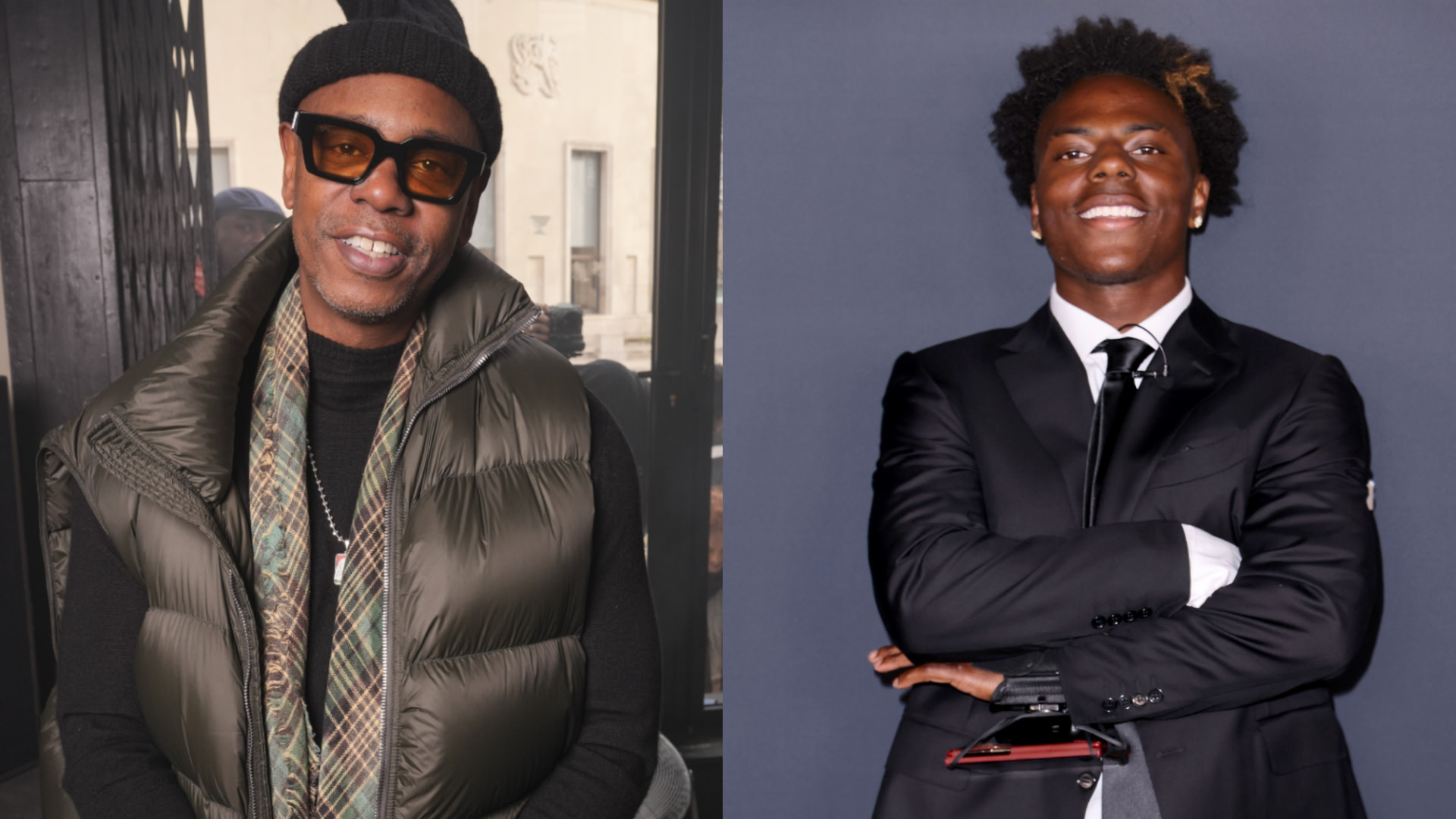 Dave Chappelle in a beanie and puffer vest, IShowSpeed in a suit, smiling confidently.