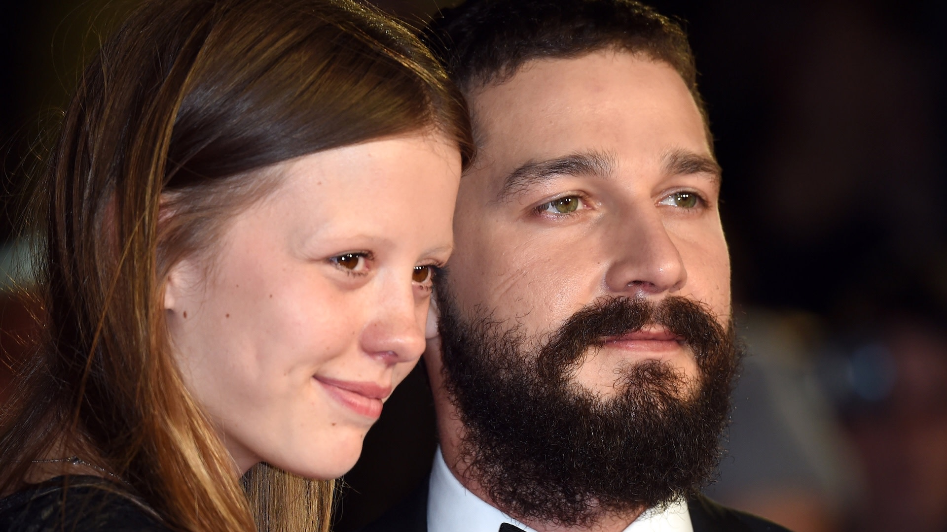 LONDON, ENGLAND - OCTOBER 19: Mia Goth and Shia LaBeouf attend the closing night Gala screening of "Fury" during the 58th BFI London Film Festival at Odeon Leicester Square on October 19, 2014 in London, England.